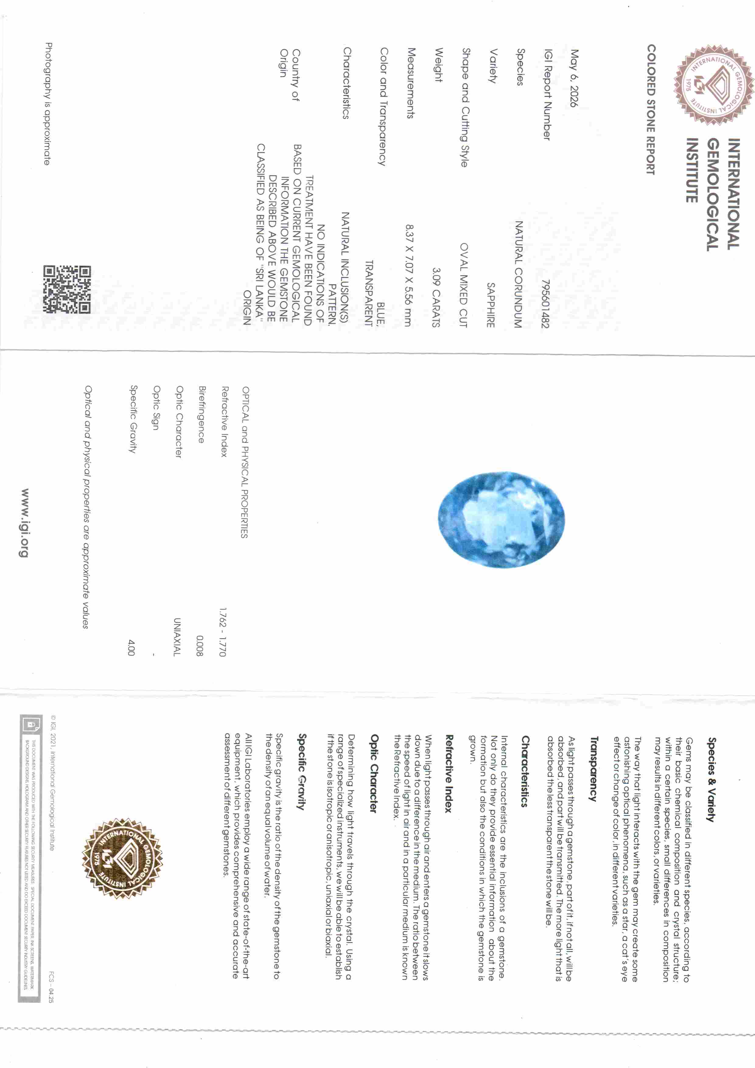 3.09 Ct 3.4 Ratti IGI Certified Unheated Untreated Natural Ceylon Blue Sapphire