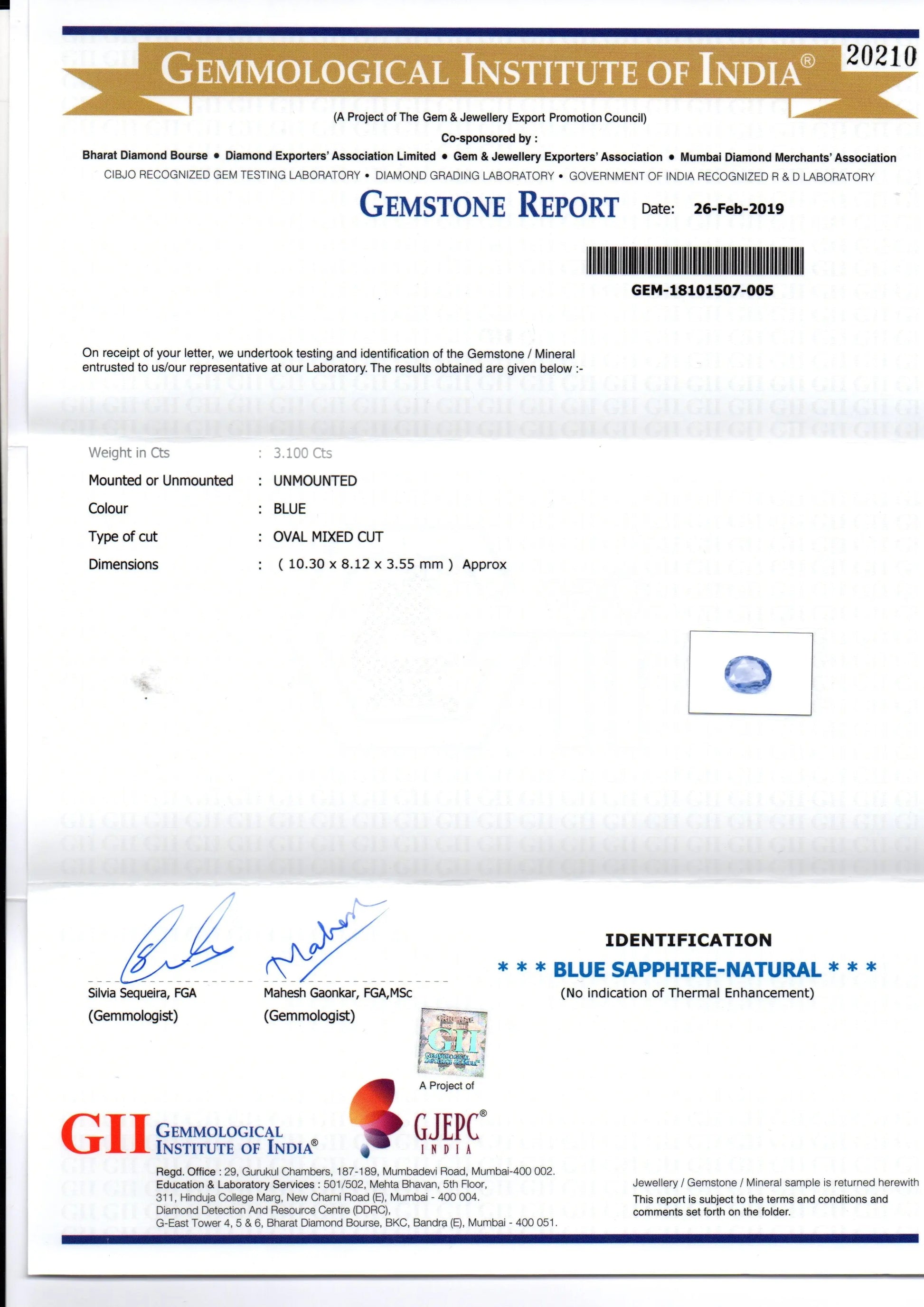 3.10 Ct GII Certified Unheated Untreated Natural Ceylon Blue Sapphire
