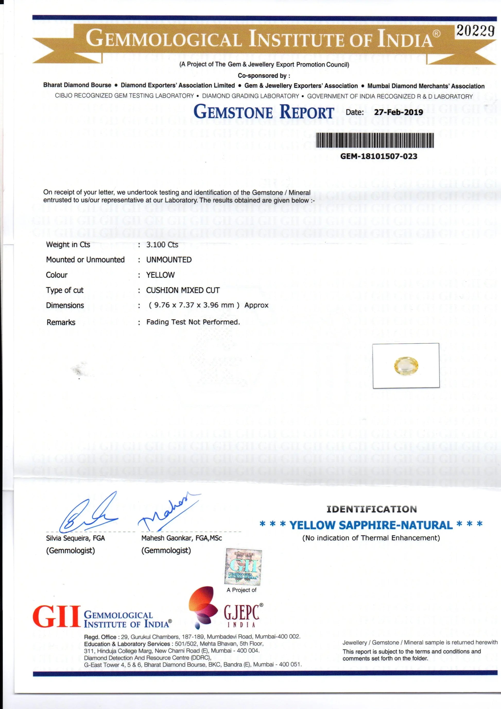 3.10 Ct GII Certified Unheated Untreated Natural Ceylon Yellow Sapphire