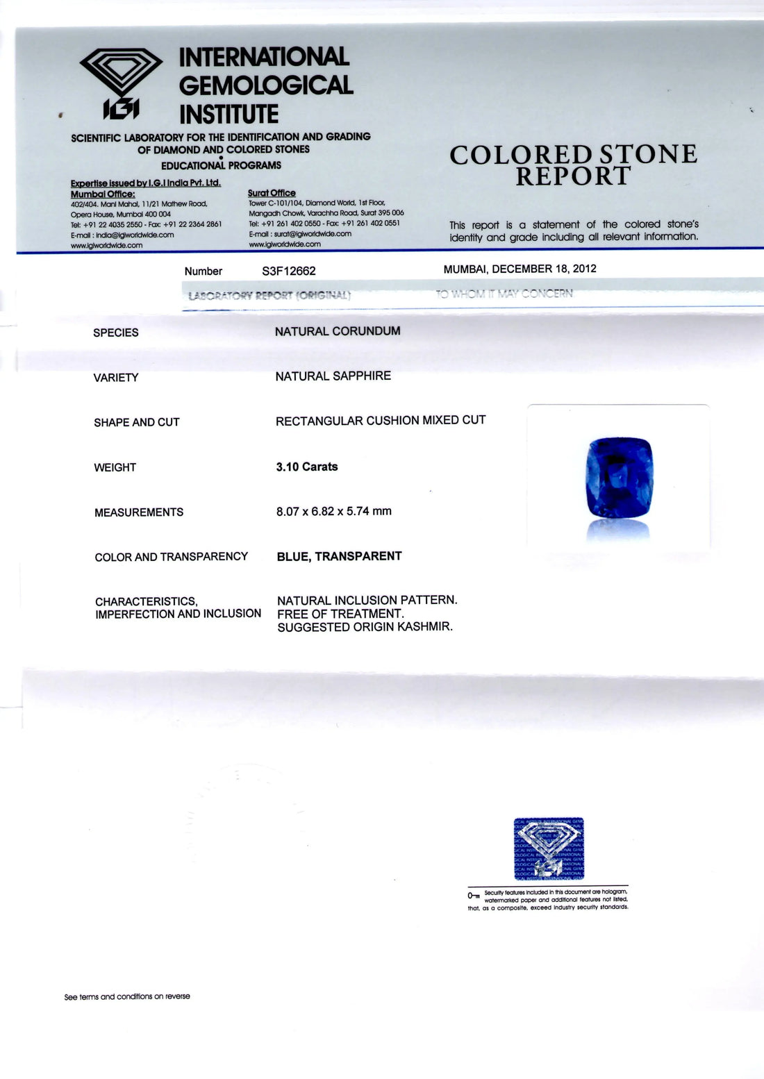 3.10 Ct Rare Exclusive Kashmir/Jammu Blue Sapphire **IGI Certified**