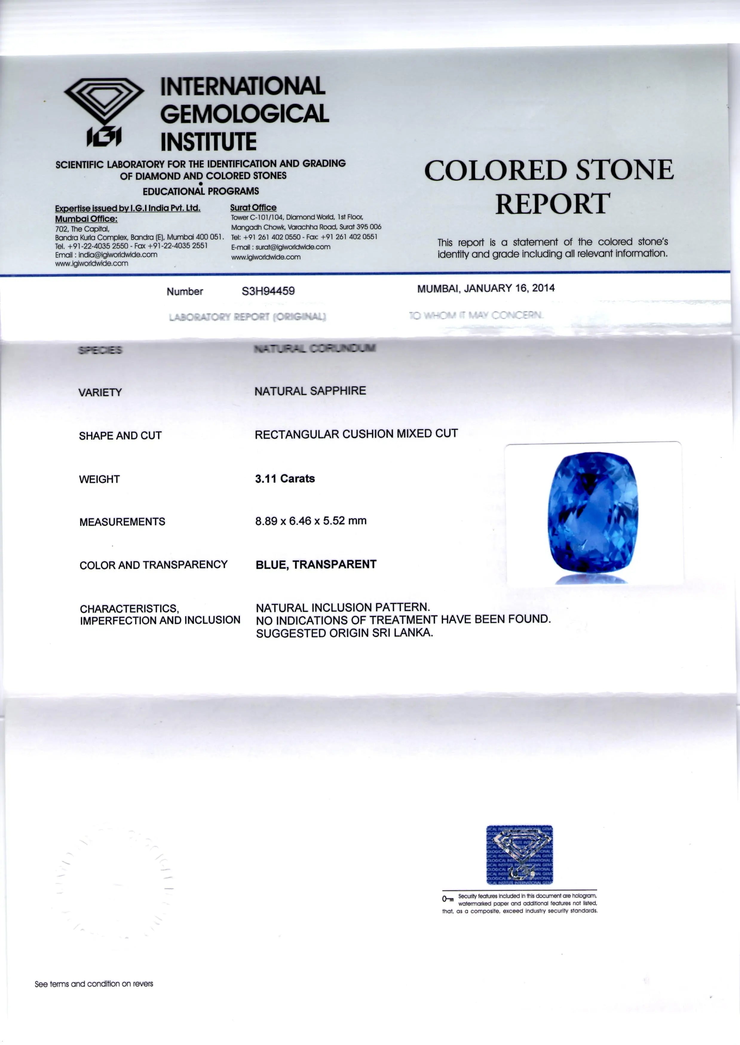 3.11 Ct IGI Certified Unheated Untreated Natural Ceylon Blue Sapphire
