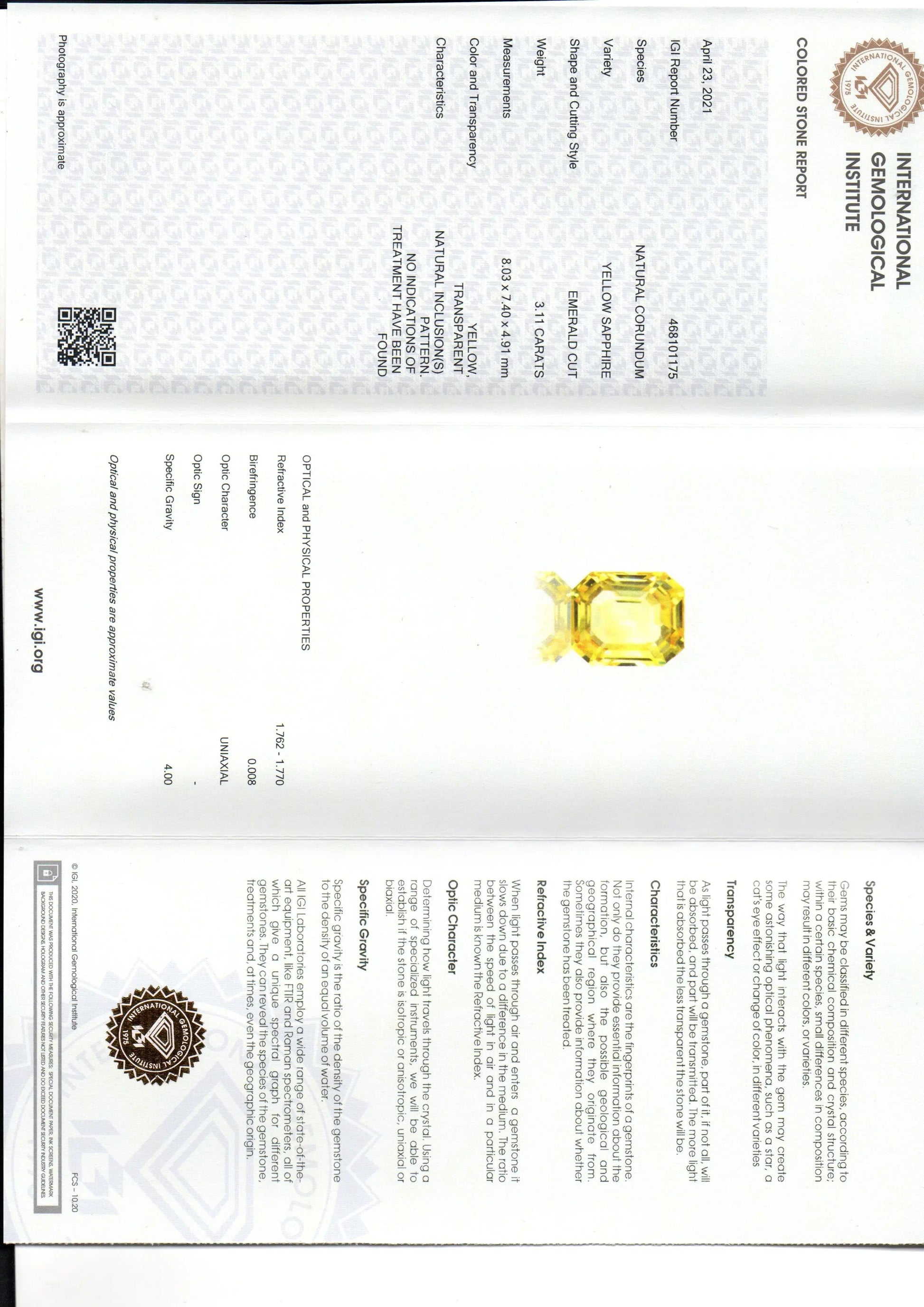3.11 Ct IGI Certified Unheated Untreated Natural Ceylon Yellow Sapphire AAAAA