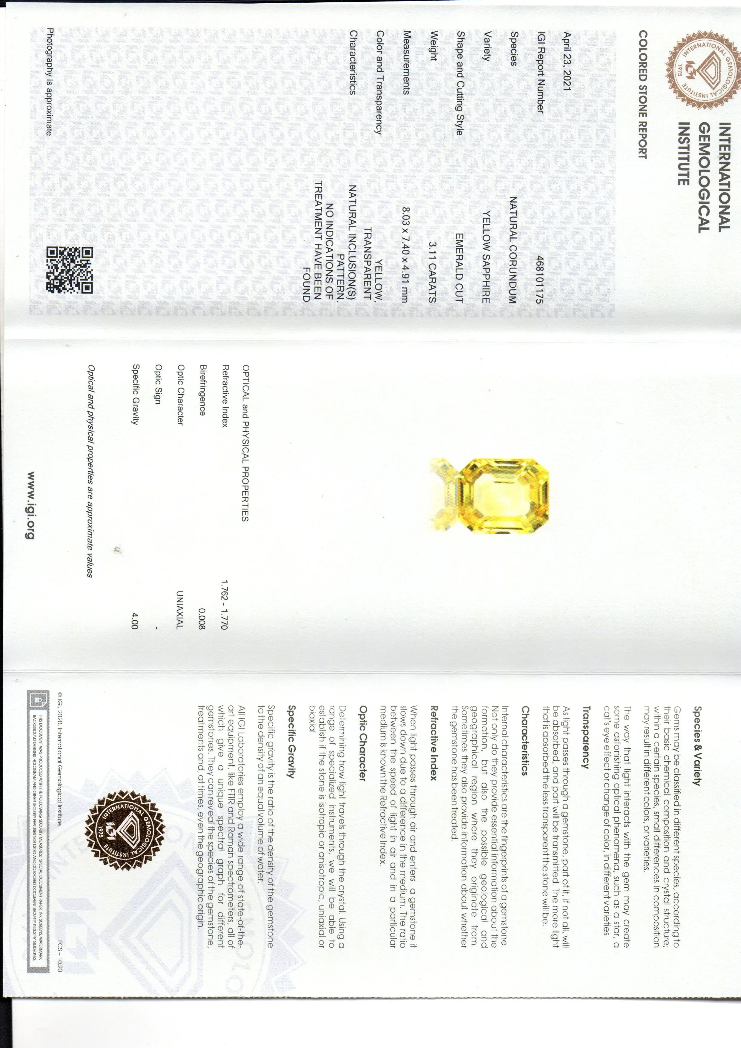 3.11 Ct IGI Certified Unheated Untreated Natural Ceylon Yellow Sapphire AAAAA