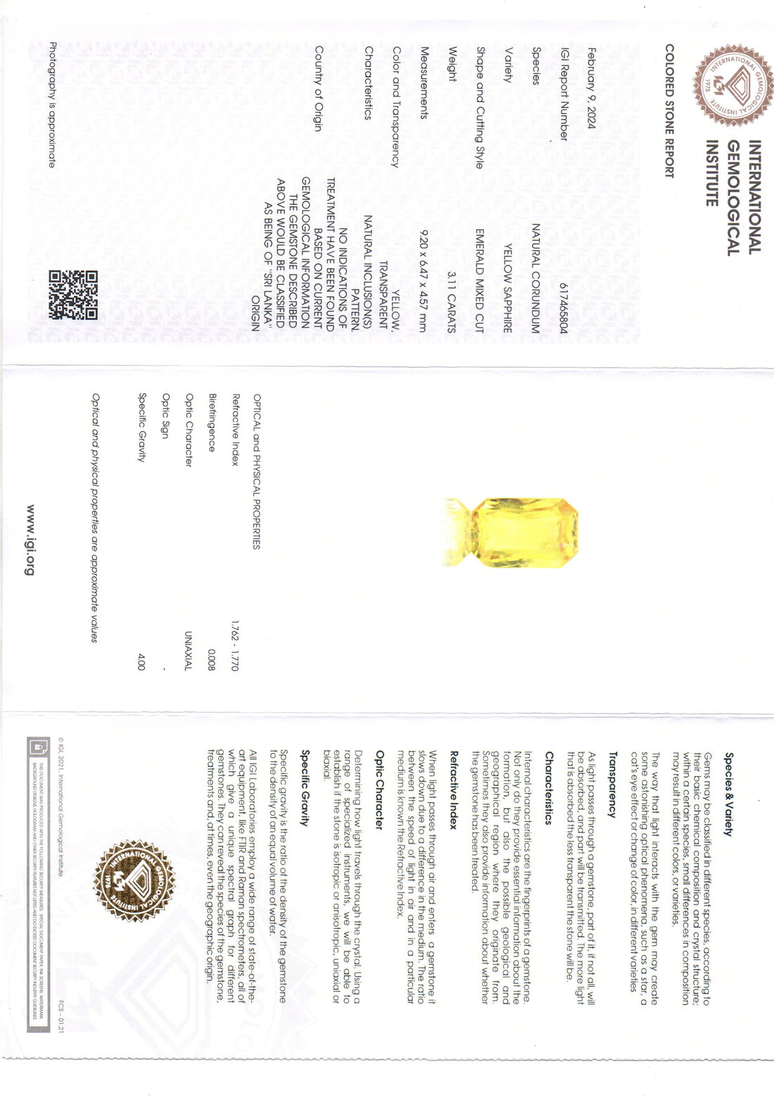 3.11 Ct IGI Certified Unheated Untreated Natural Ceylon Yellow Sapphire AAAAA