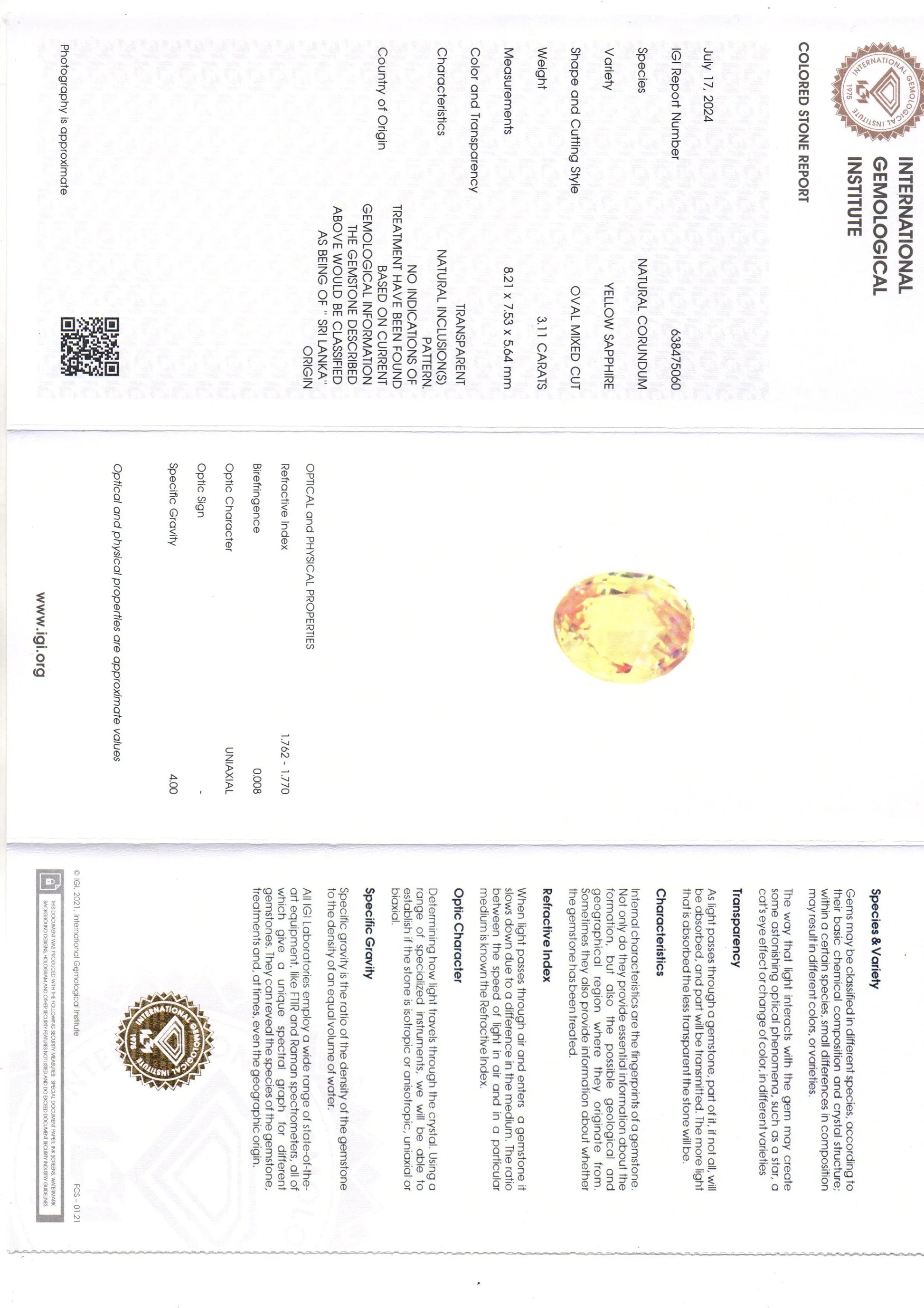 3.11 Ct IGI Certified Unheated Untreated Natural Ceylon Yellow Sapphire AAA - Venus Gems