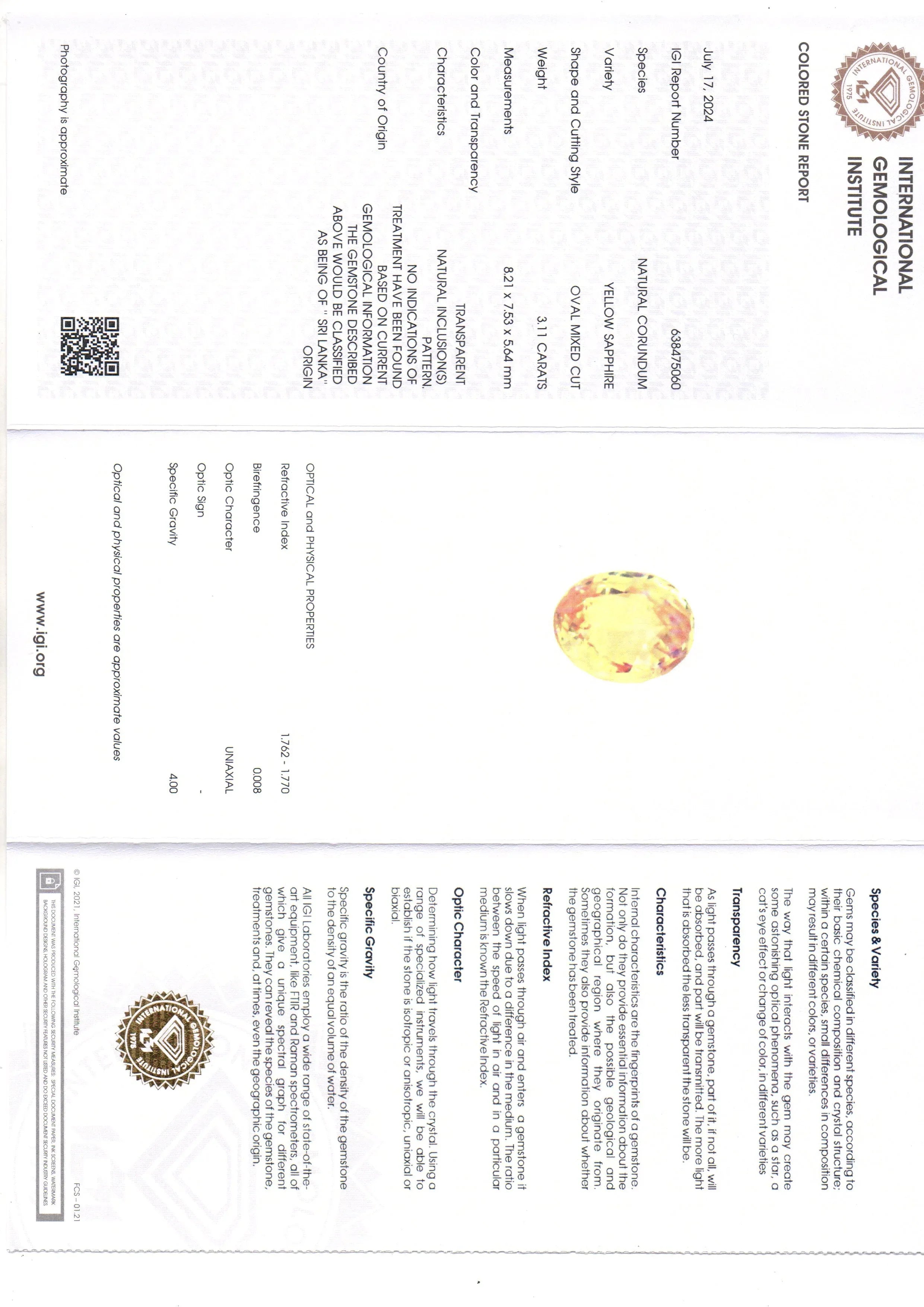 3.11 Ct IGI Certified Unheated Untreated Natural Ceylon Yellow Sapphire AAA - Venus Gems