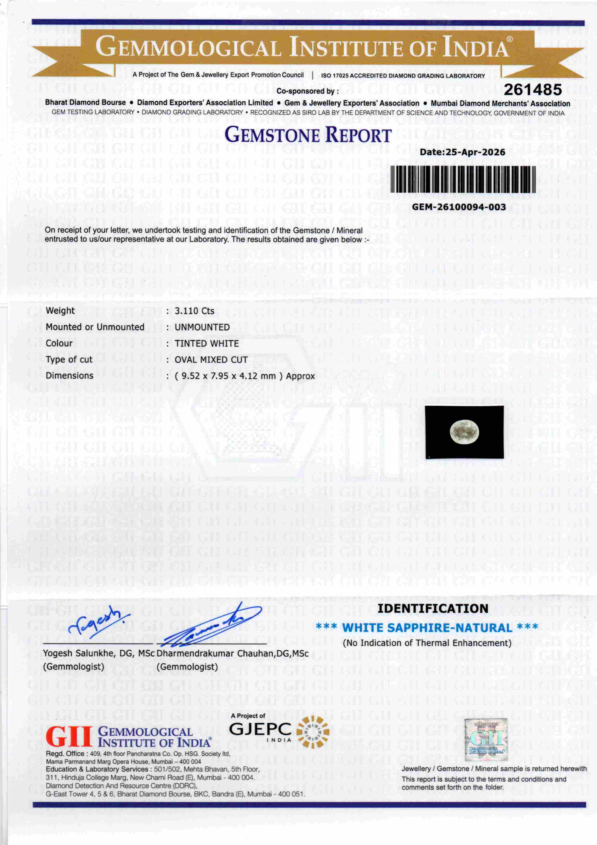 Gemstone report for 3.11 Ct GII Certified Unheated Untreated Natural Ceylon White Sapphire, detailing weight and certificatio