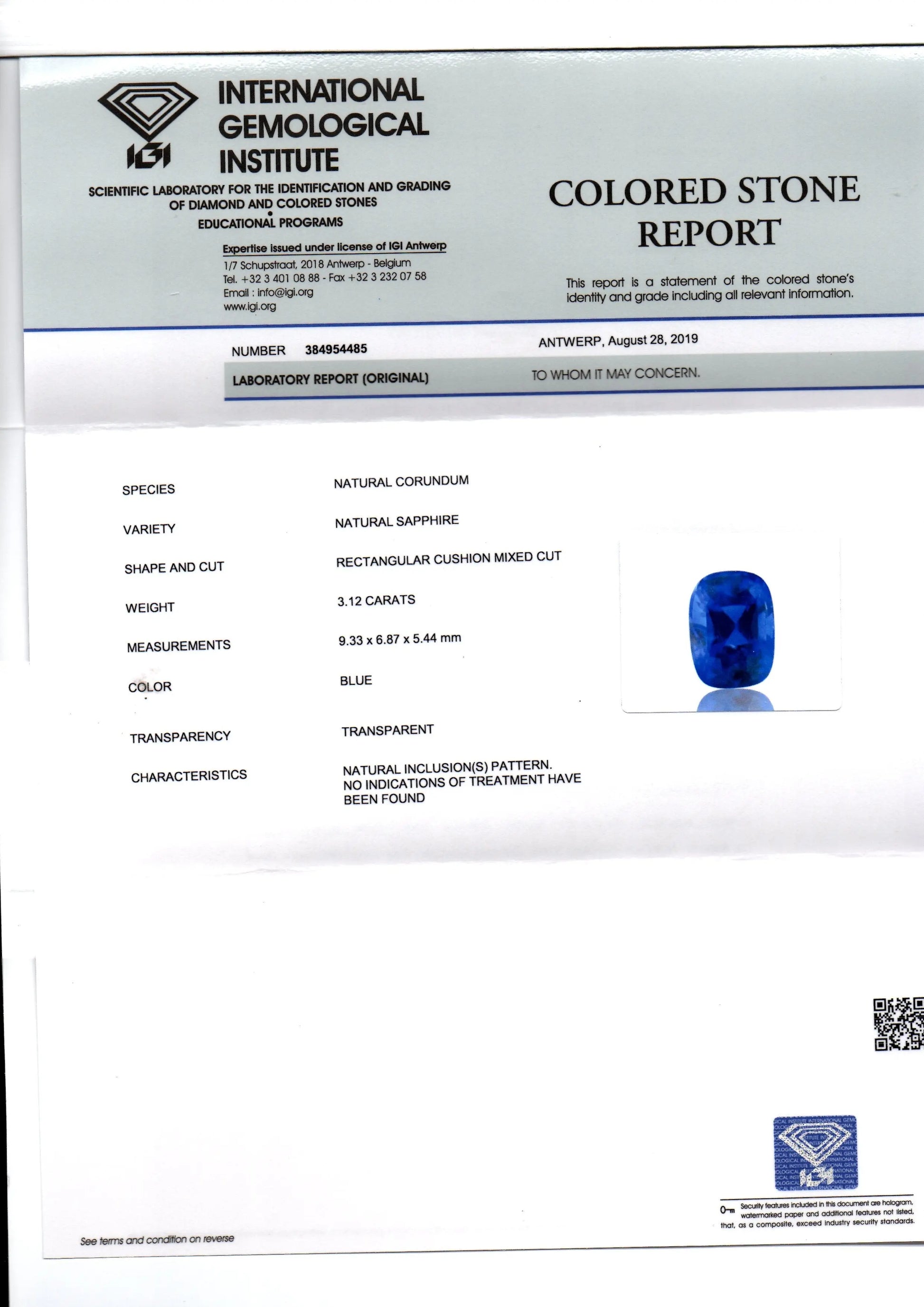 3.12 Ct IGI Certified Unheated Untreated Natural Ceylon Blue Sapphire AAA