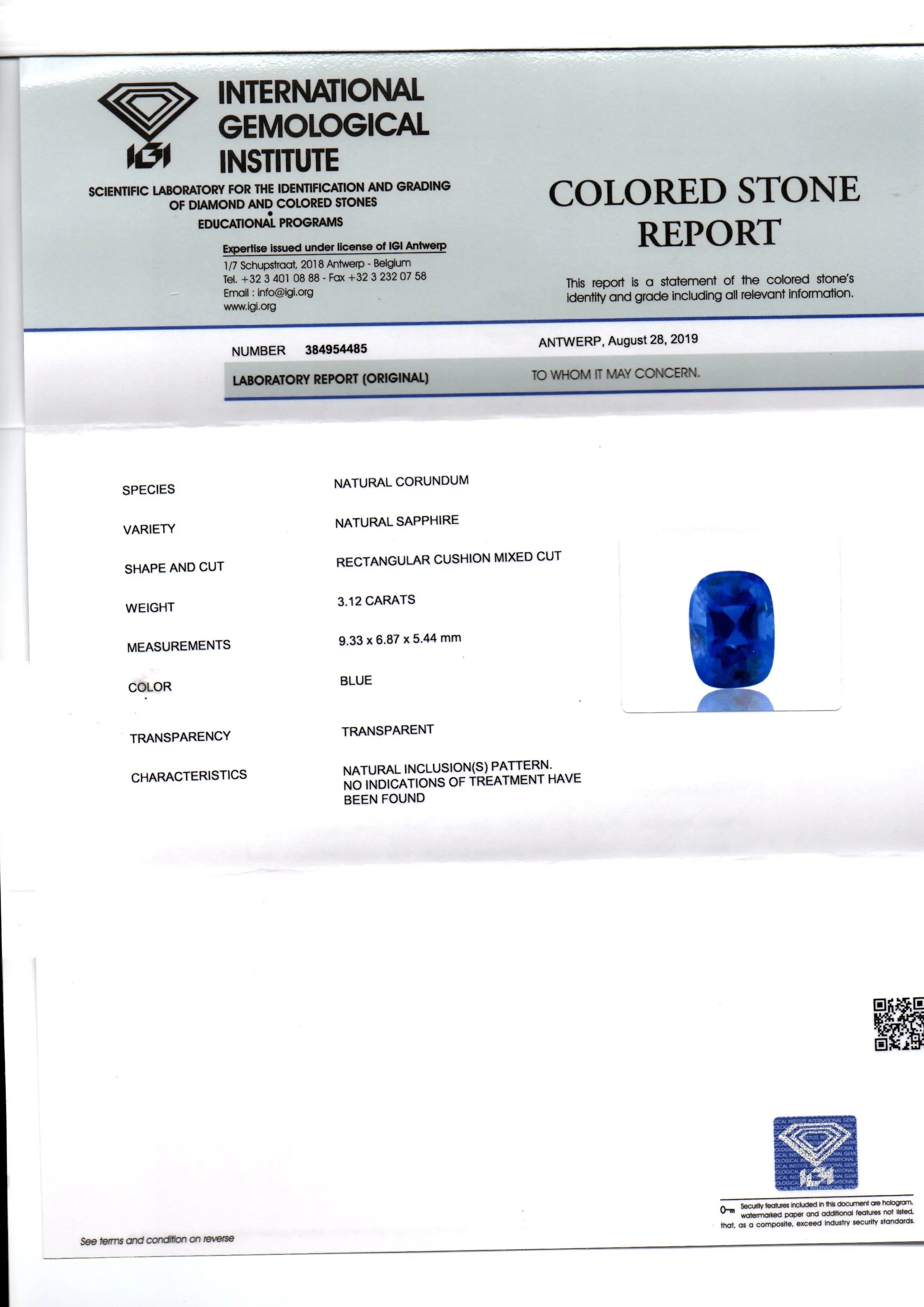 3.12 Ct IGI Certified Unheated Untreated Natural Ceylon Blue Sapphire AAA