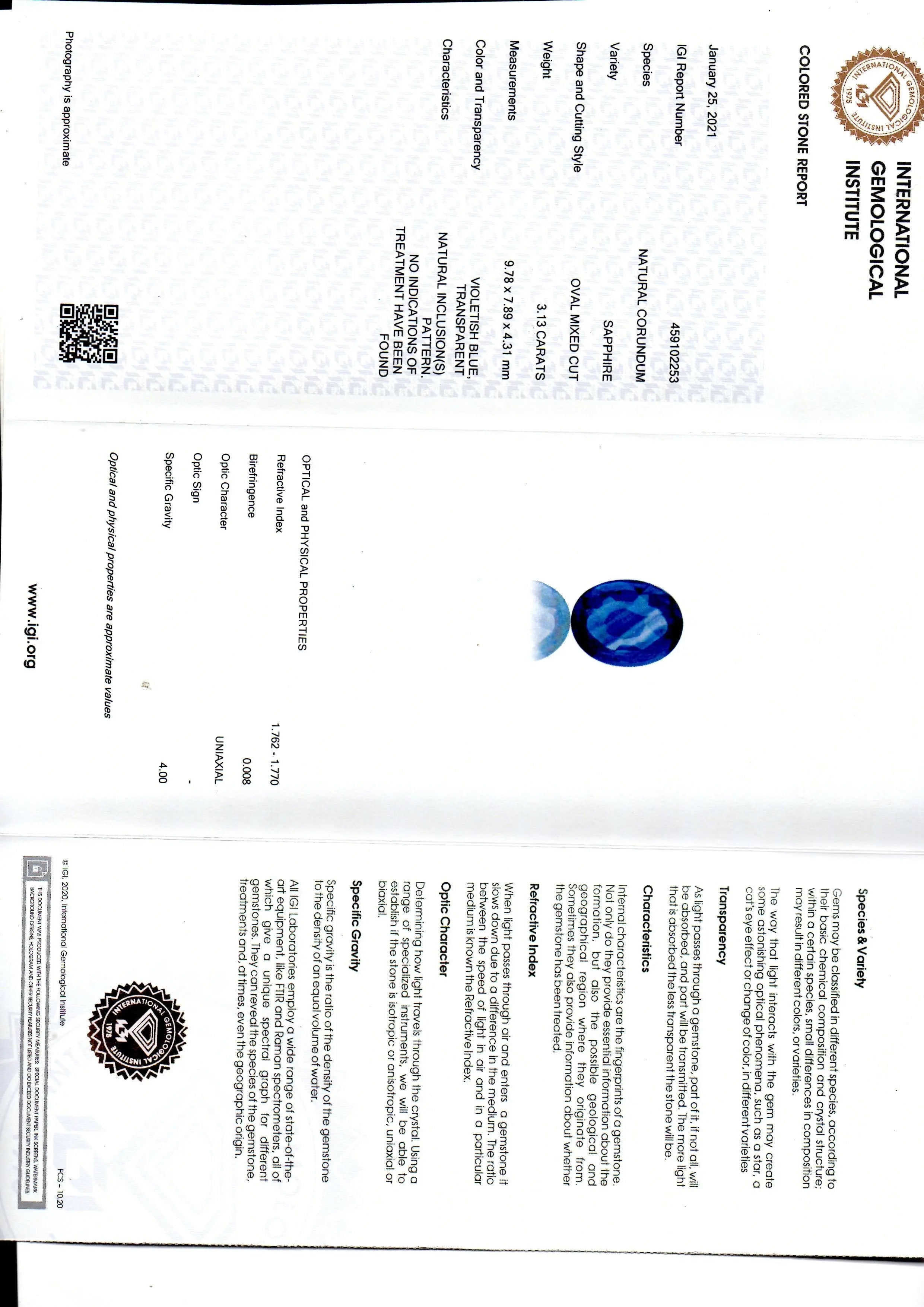 3.13 Ct IGI Certified Unheated Untreated Natural Ceylon Blue Sapphire AA