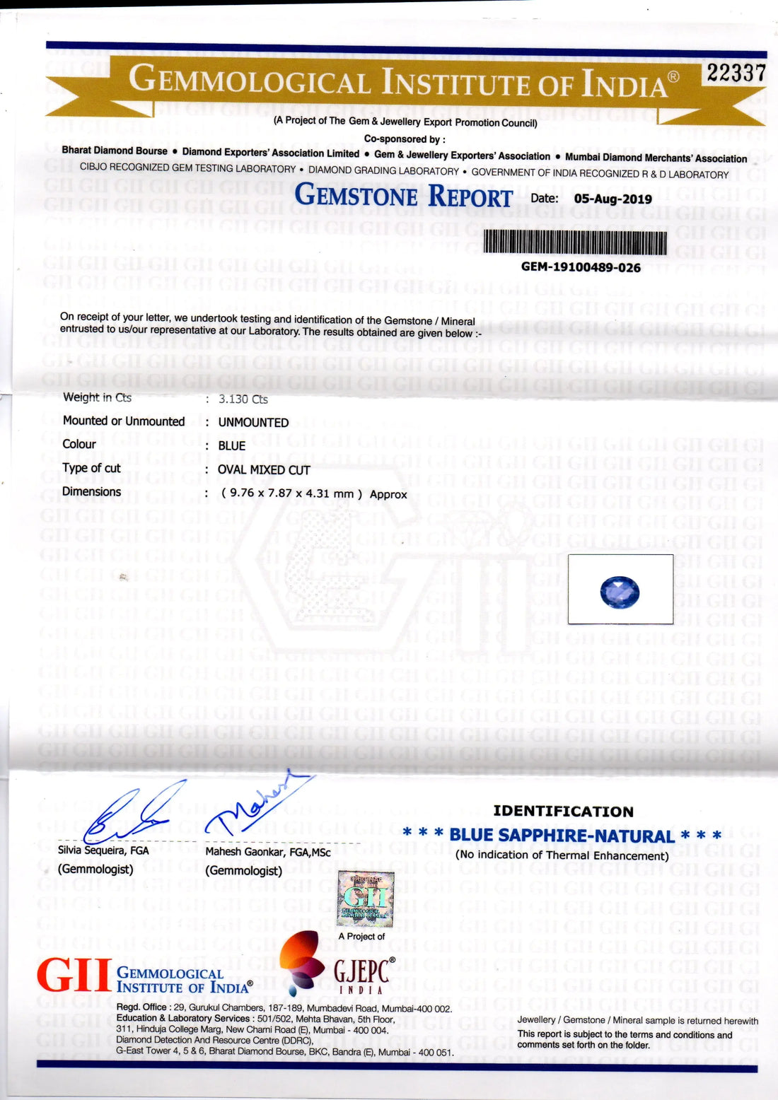 3.13 Ct IGI Certified Unheated Untreated Natural Ceylon Blue Sapphire AA