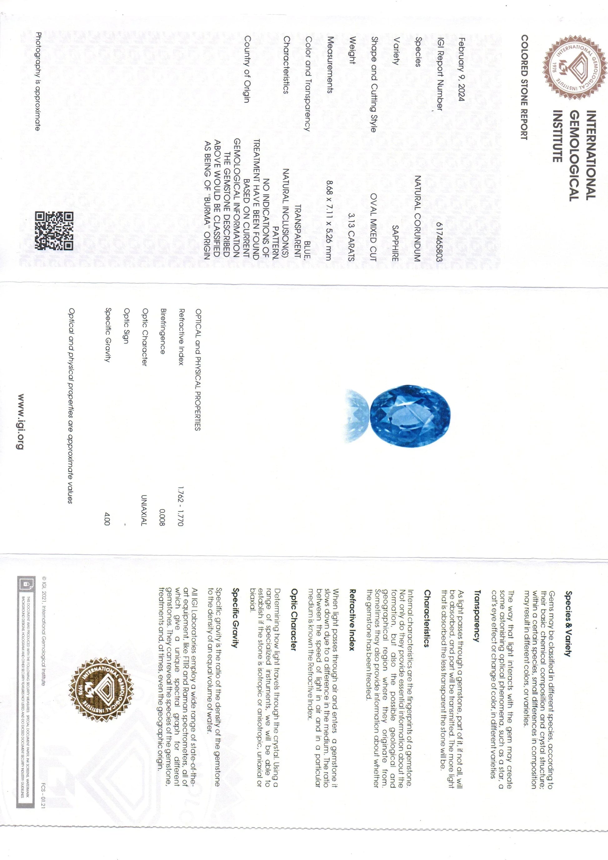 3.13 Ct IGI Certified Unheated Untreated Natural Burma Blue Sapphire - Venus Gems