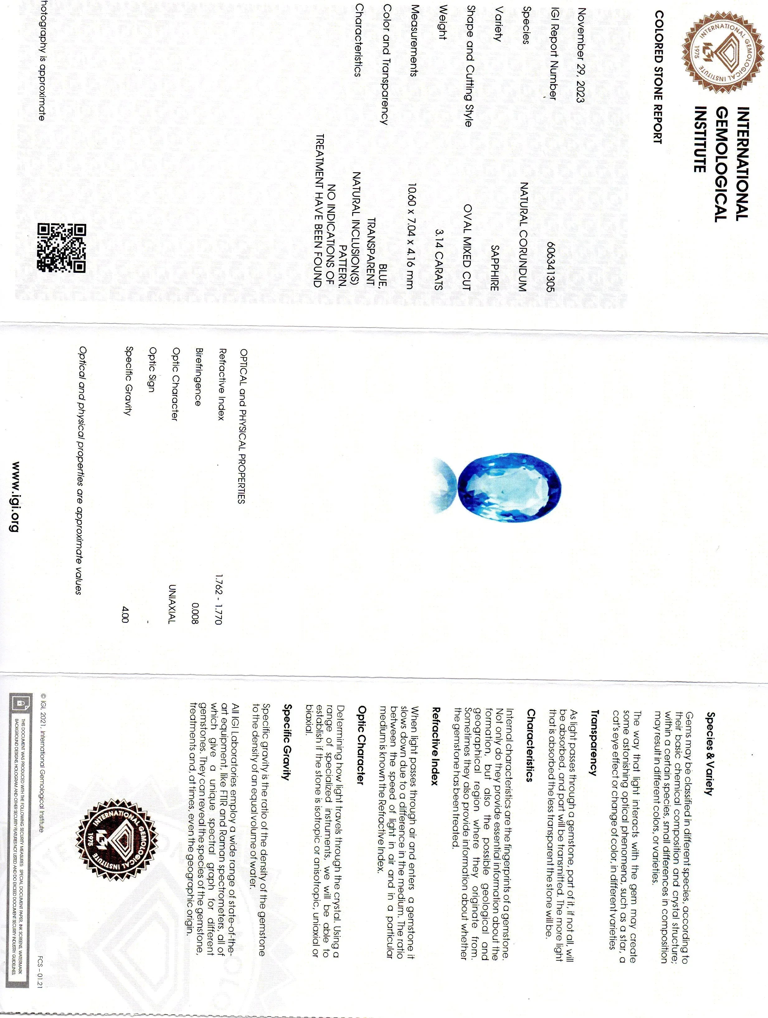 3.14 Ct IGI Certified Unheated Untreated Natural Ceylon Blue Sapphire AA - Venus Gems