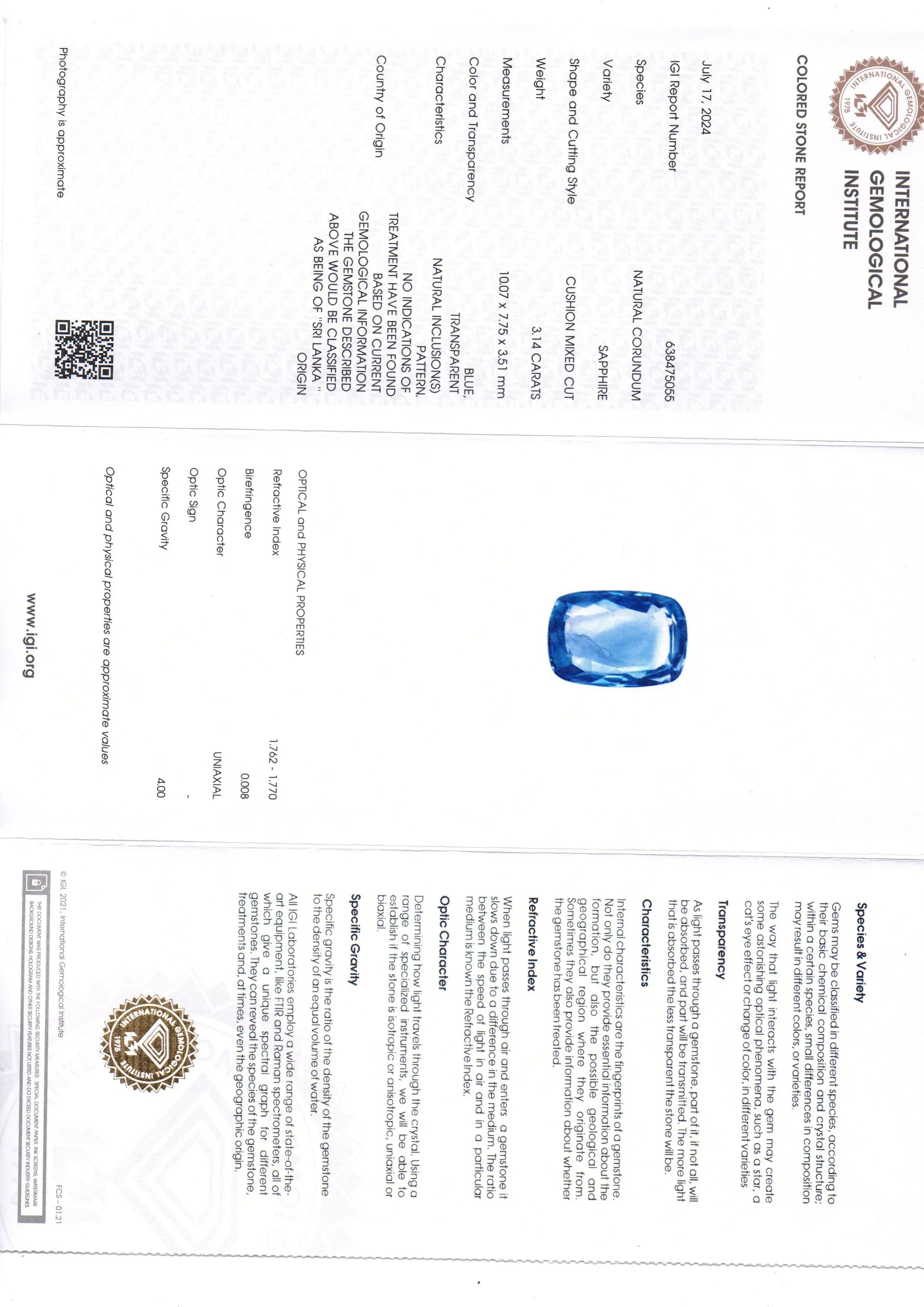 3.14 Ct IGI Certified Unheated Untreated Natural Ceylon Blue Sapphire - Venus Gems