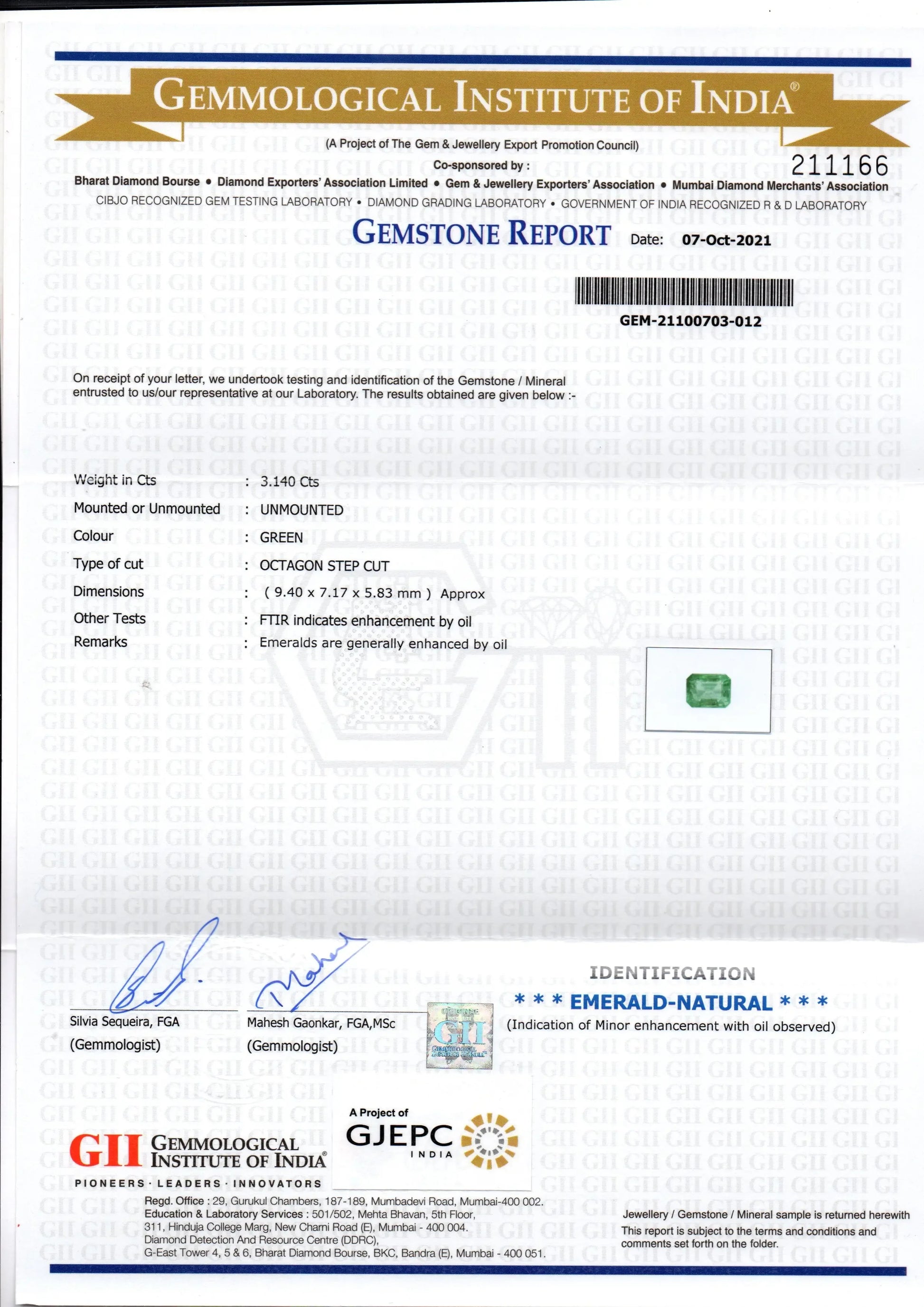 3.14 Ct GII Certified Untreated Natural Zambian Emerald Gemstones - Venus Gems