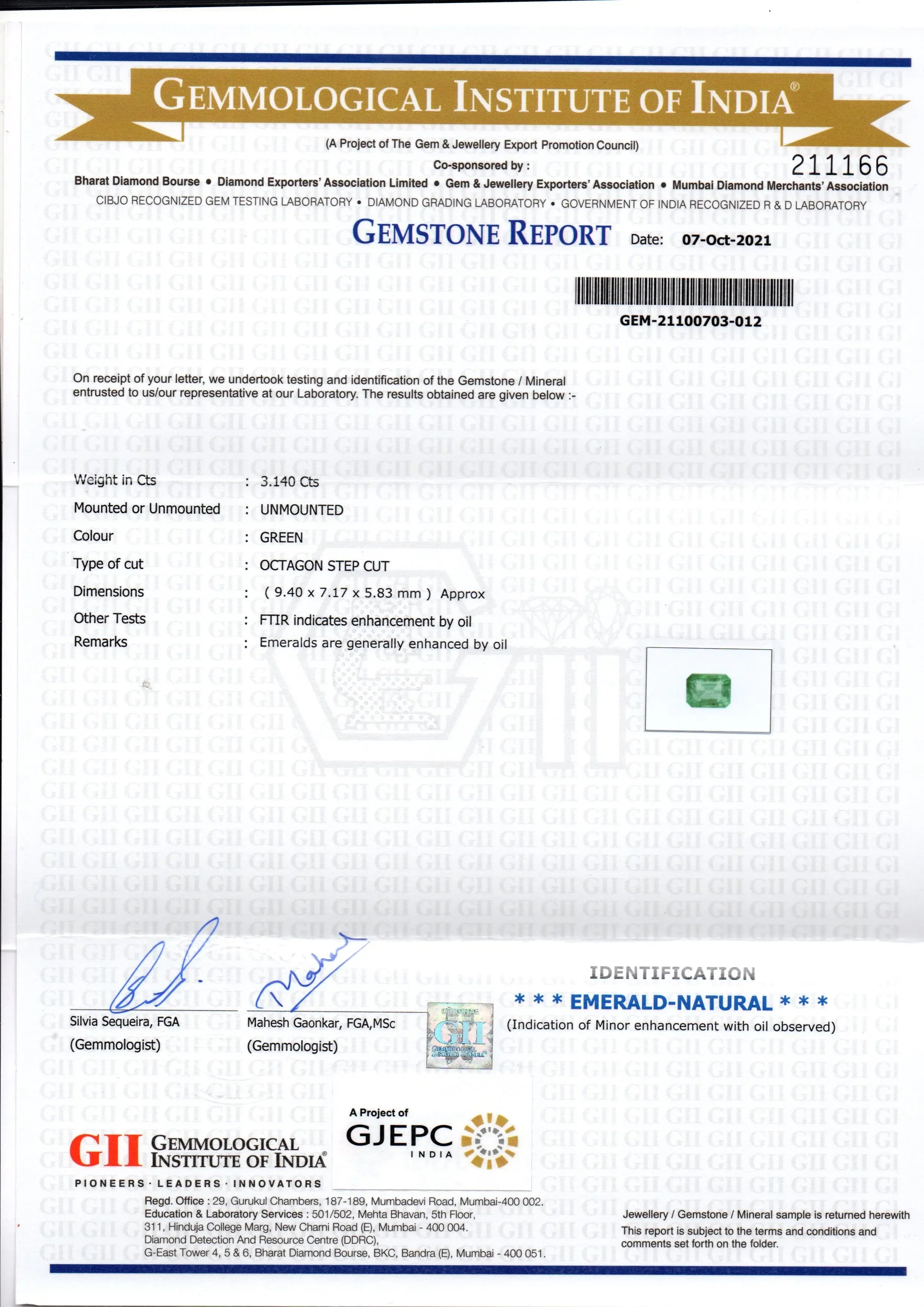 3.14 Ct GII Certified Untreated Natural Zambian Emerald Gemstones - Venus Gems