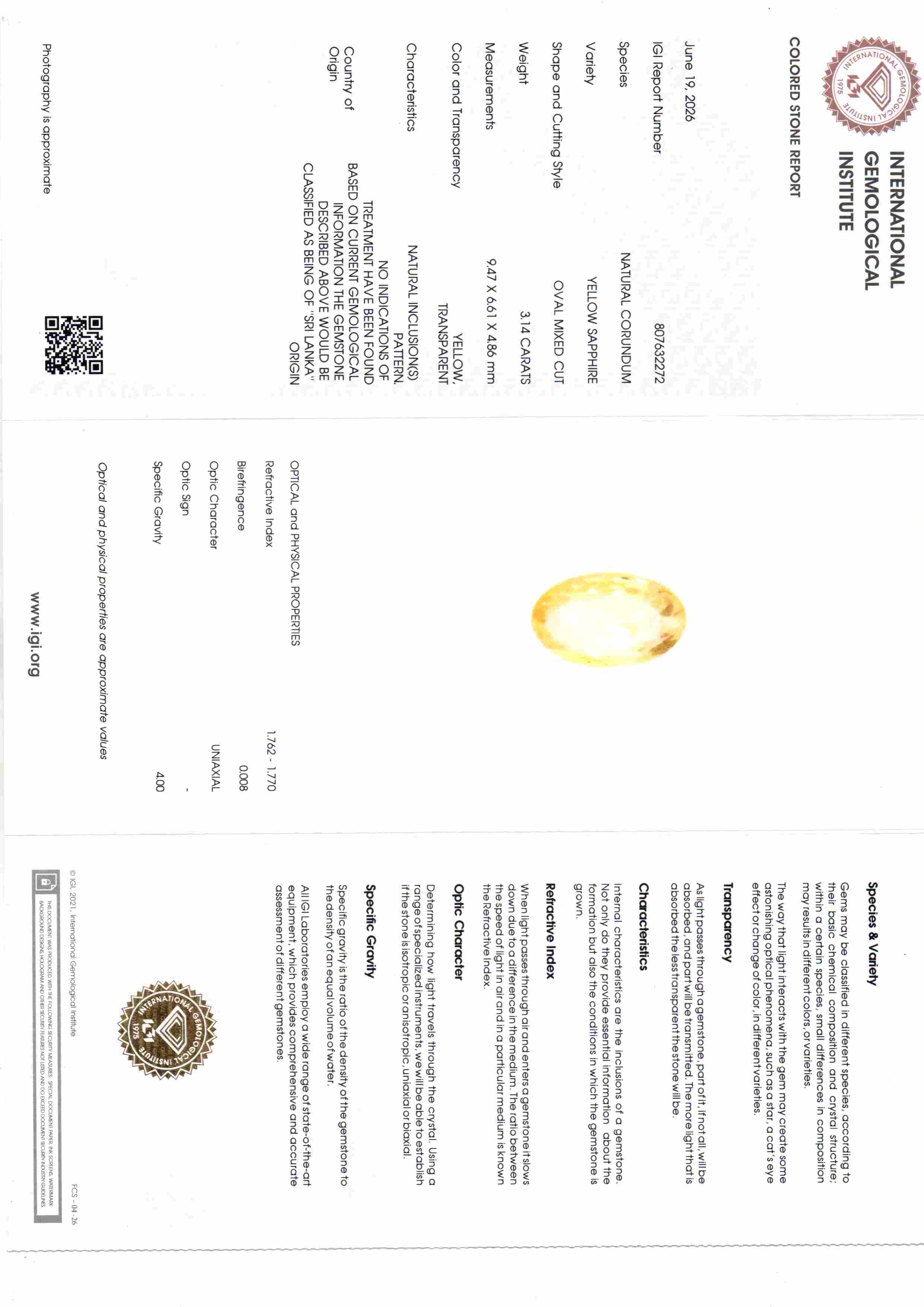 3.14 Ct IGI Certified Unheated Natural Ceylon Yellow Sapphire Pukhraj – 3.44 Ratti