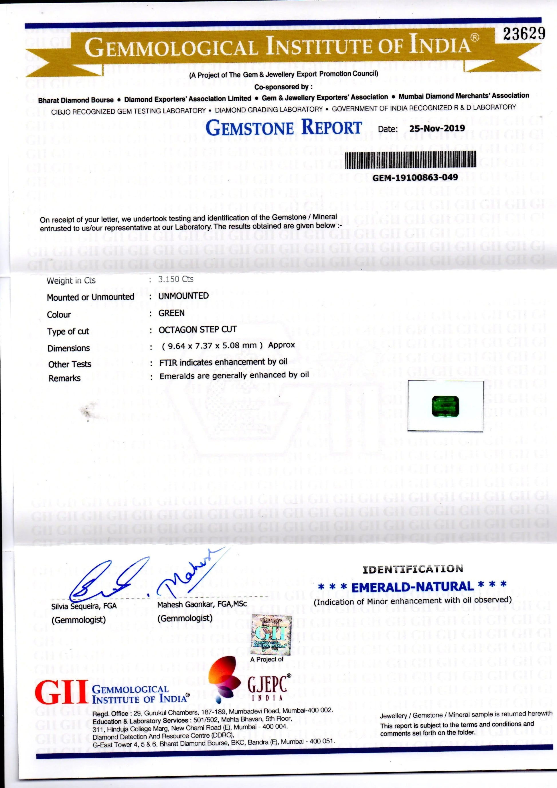 3.15 Ct GII Certified Untreated Natural Zambian Emerald Gems AAAAA