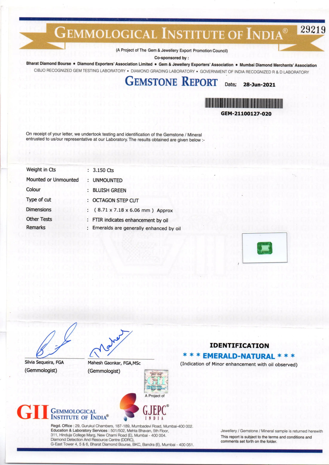 3.15 Ct GII Certified Untreated Natural Zambian Emerald Gemstone AAAAA