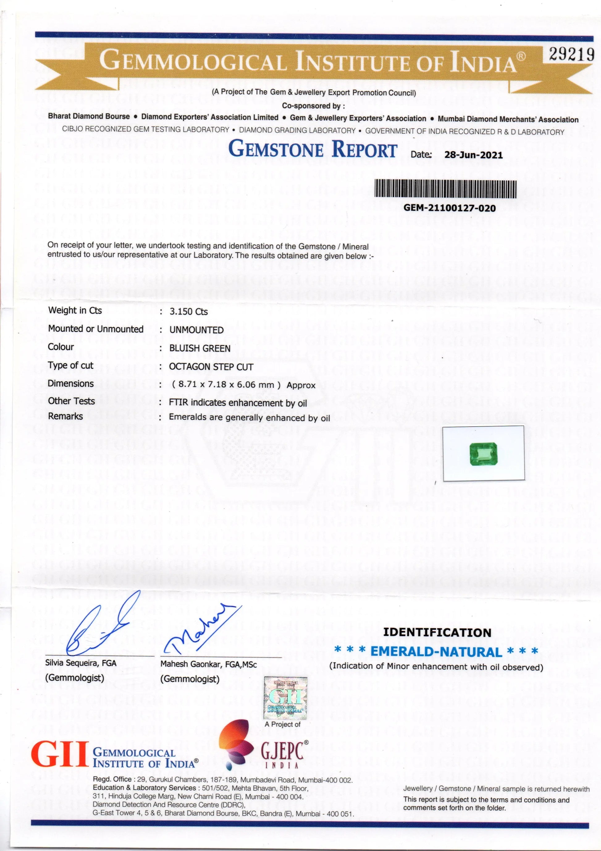 3.15 Ct GII Certified Untreated Natural Zambian Emerald Gemstone AAAAA