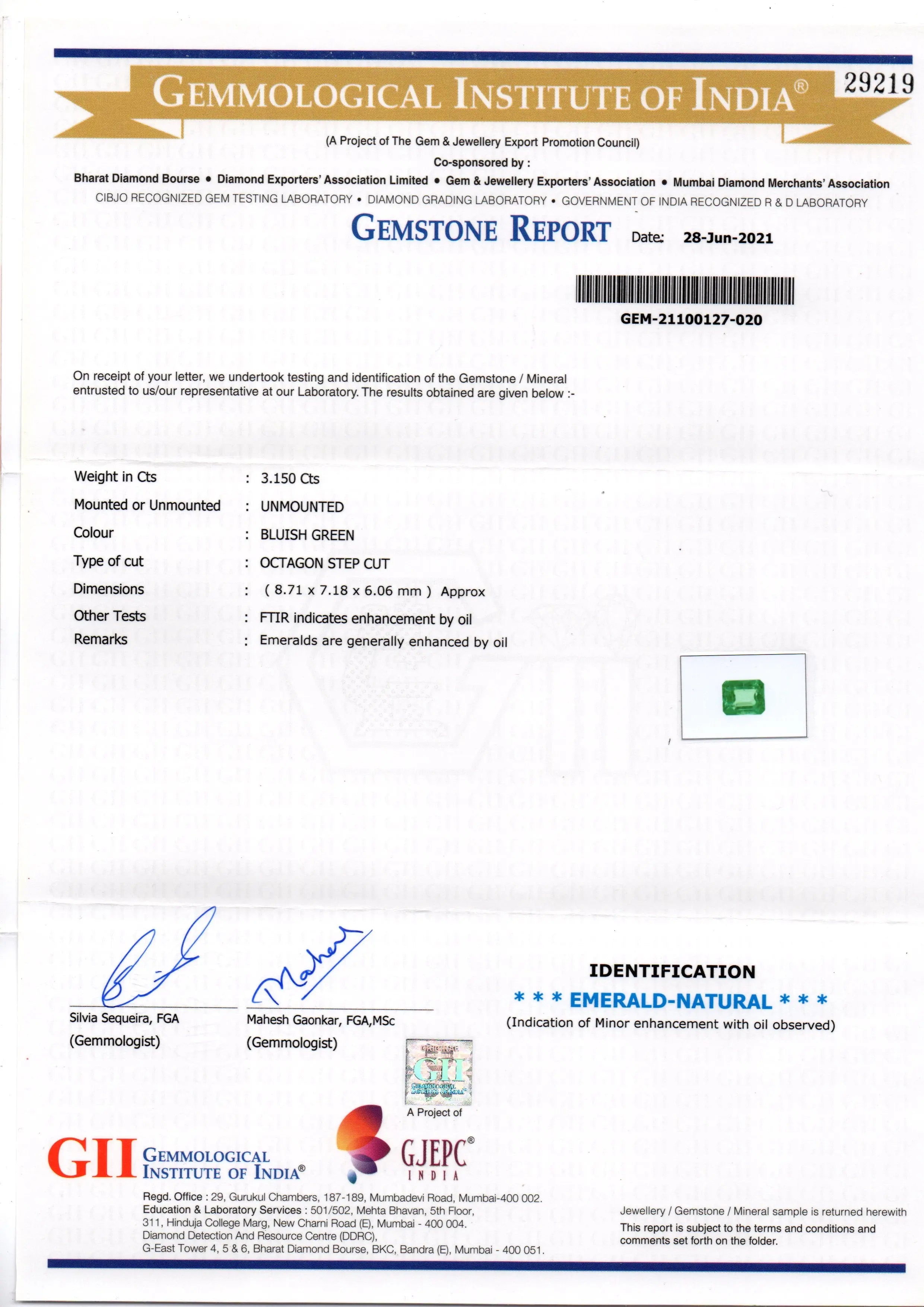 3.15 Ct GII Certified Untreated Natural Zambian Emerald Gemstone AAAAA