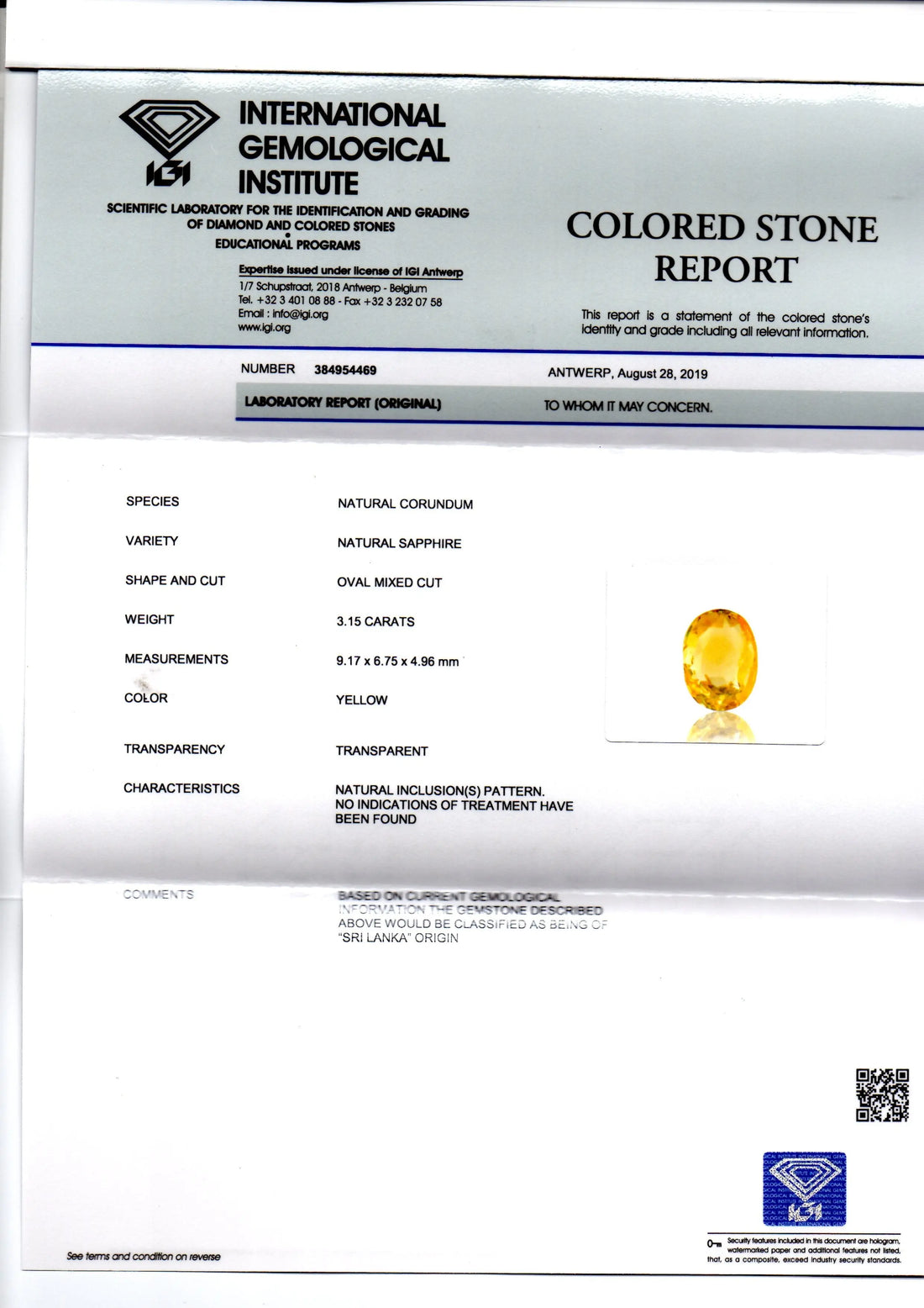 3.15 Ct IGI Certified Unheated Untreated Natural Ceylon Yellow Sapphire