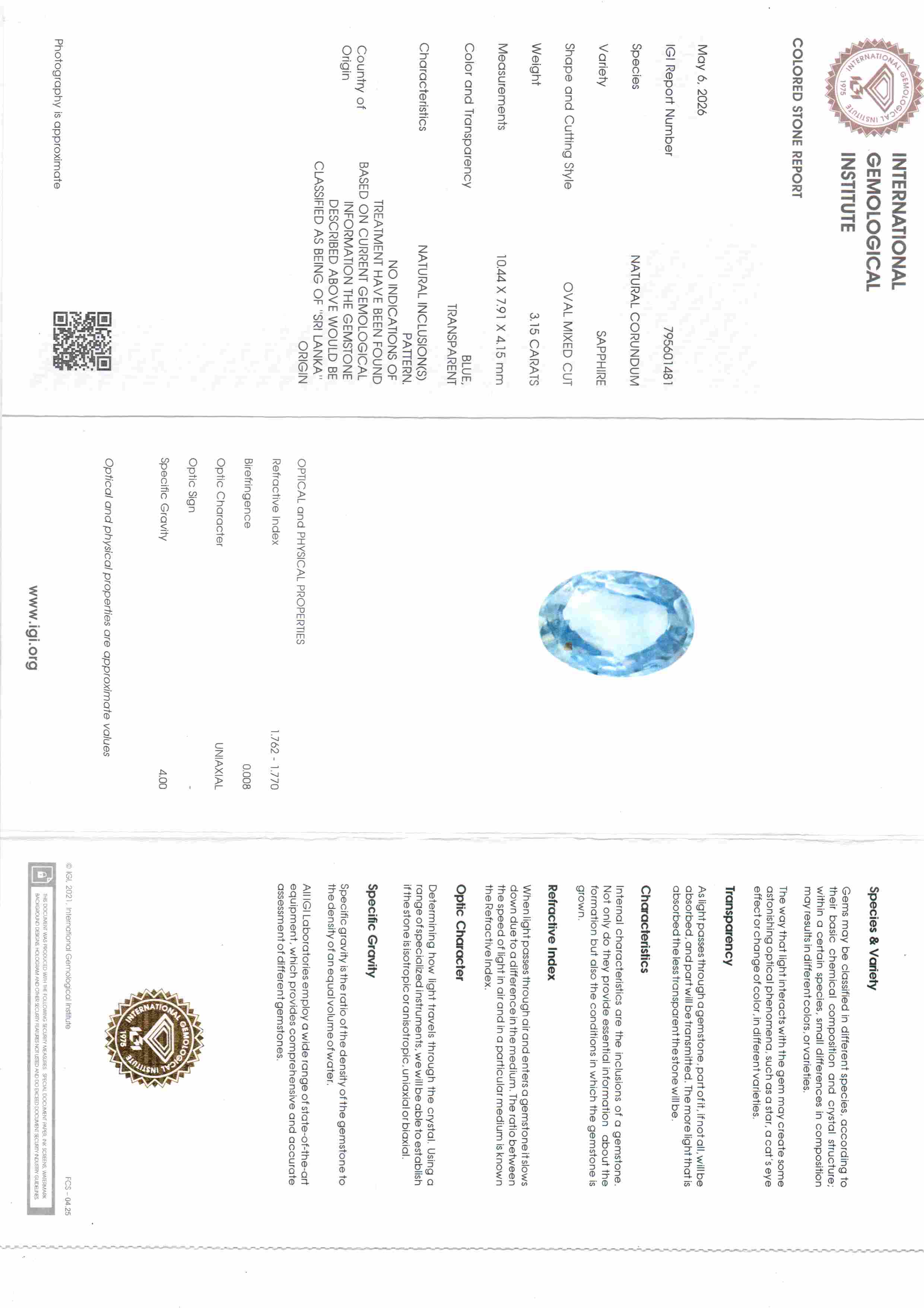 3.15 Ct 3.46 Ratti IGI Certified Unheated Untreated Natural Ceylon Blue Sapphire