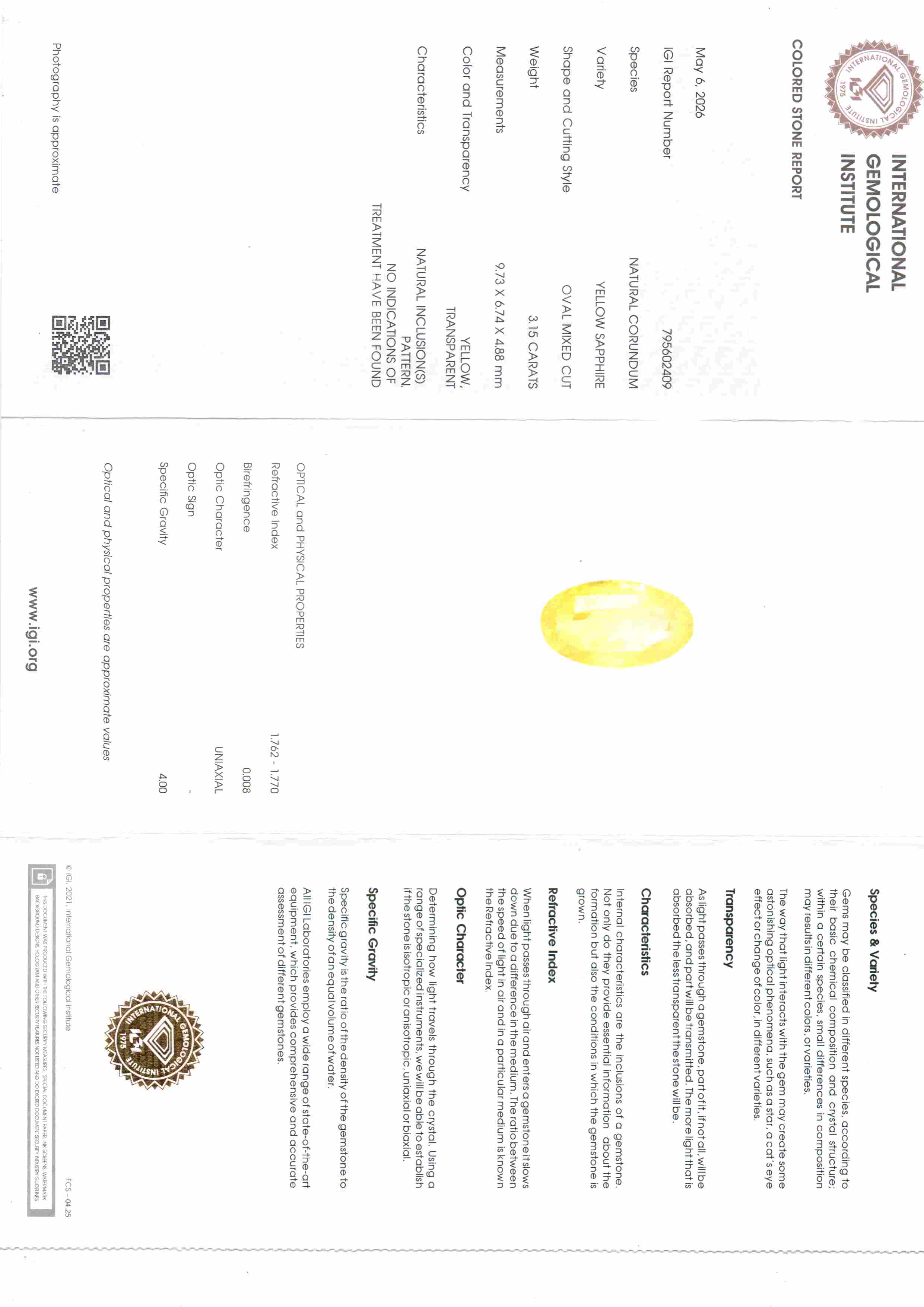 3.15 Carat 3.46 Ratti IGI Certified Yellow Sapphire Pukhraj Unheated Stone