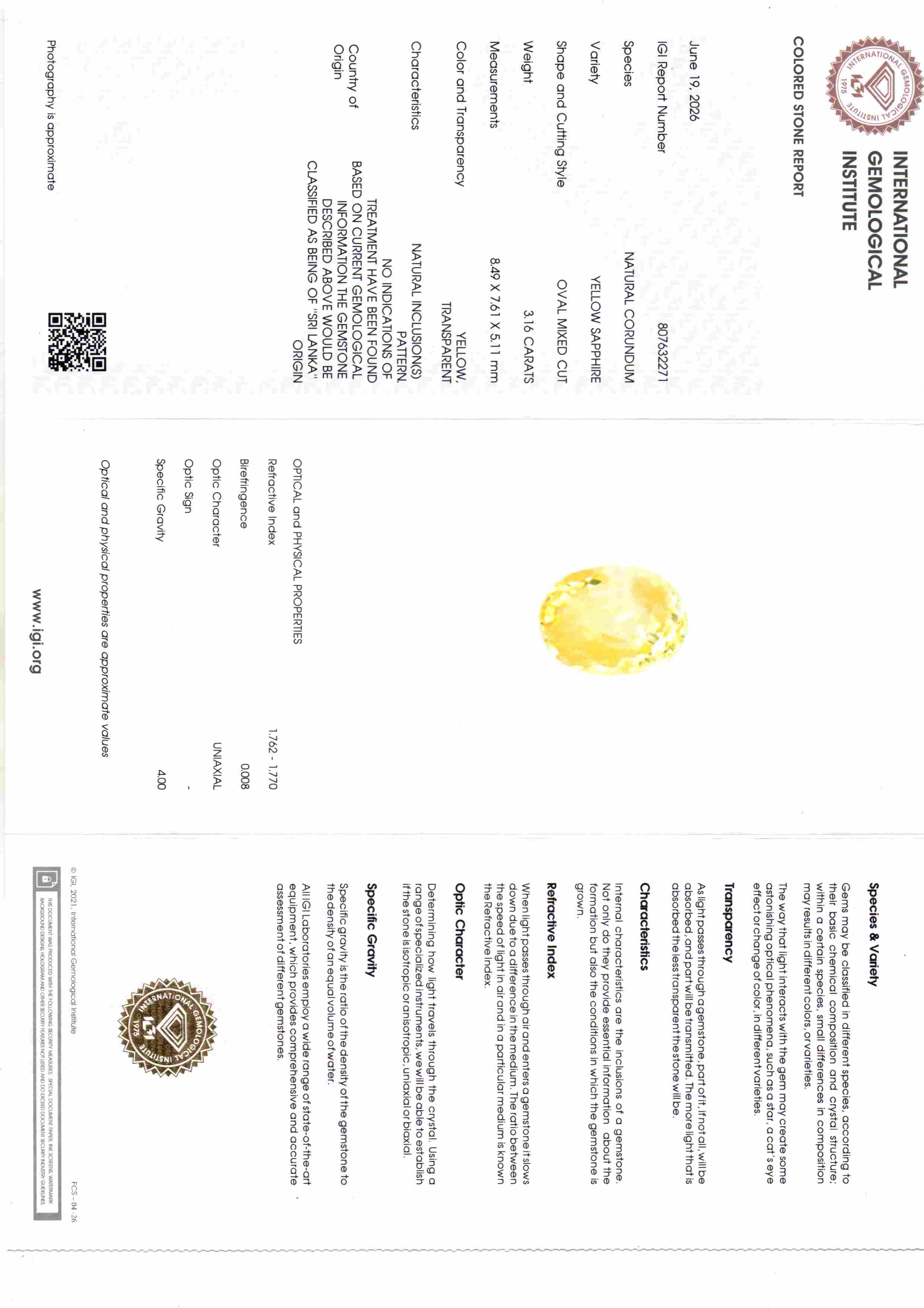 3.16 Ct IGI Certified Unheated Natural Ceylon Yellow Sapphire Pukhraj – 3.46 Ratti