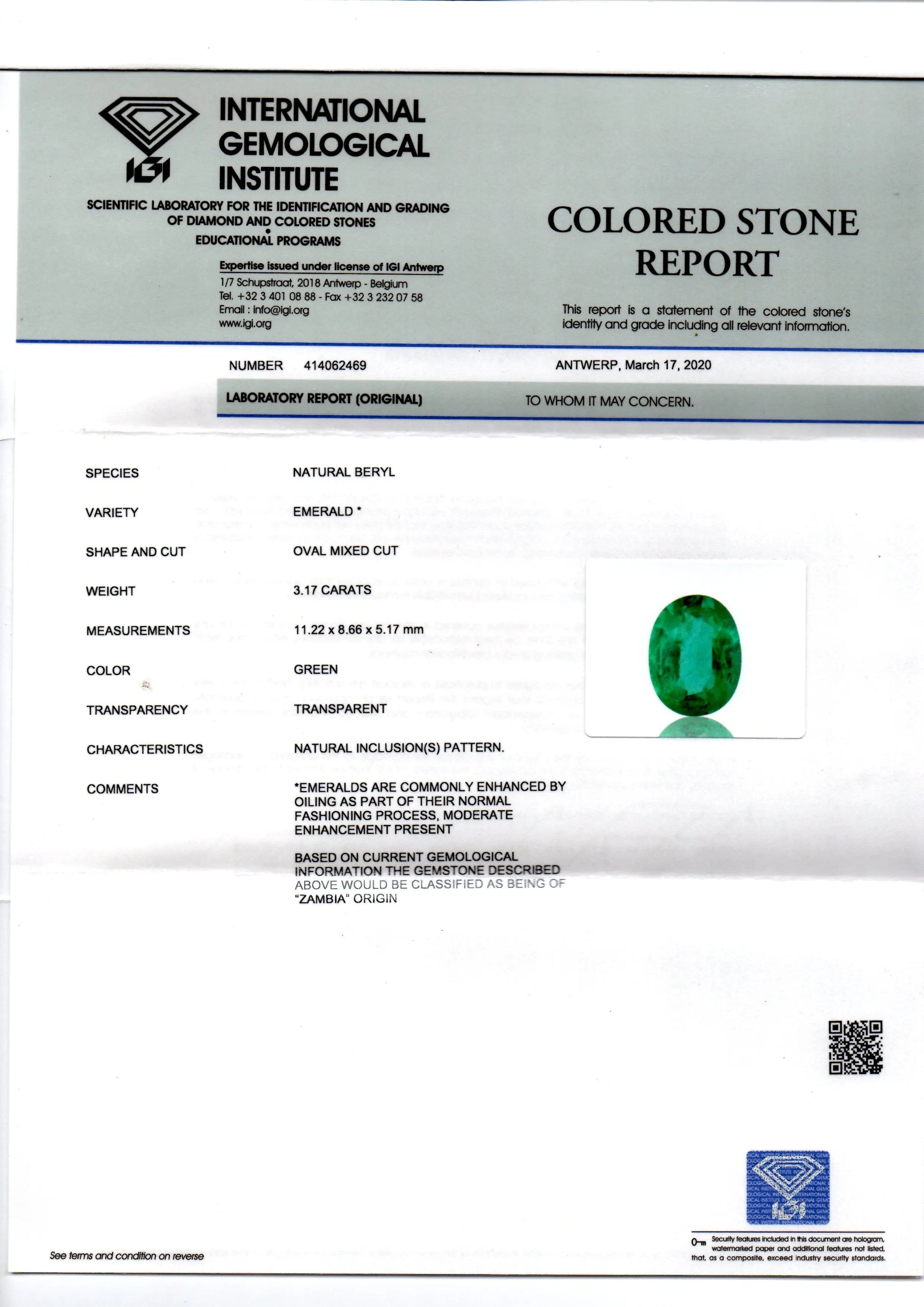 3.17 Ct IGI Certified Untreated Natural Zambian Emerald Gems AAA