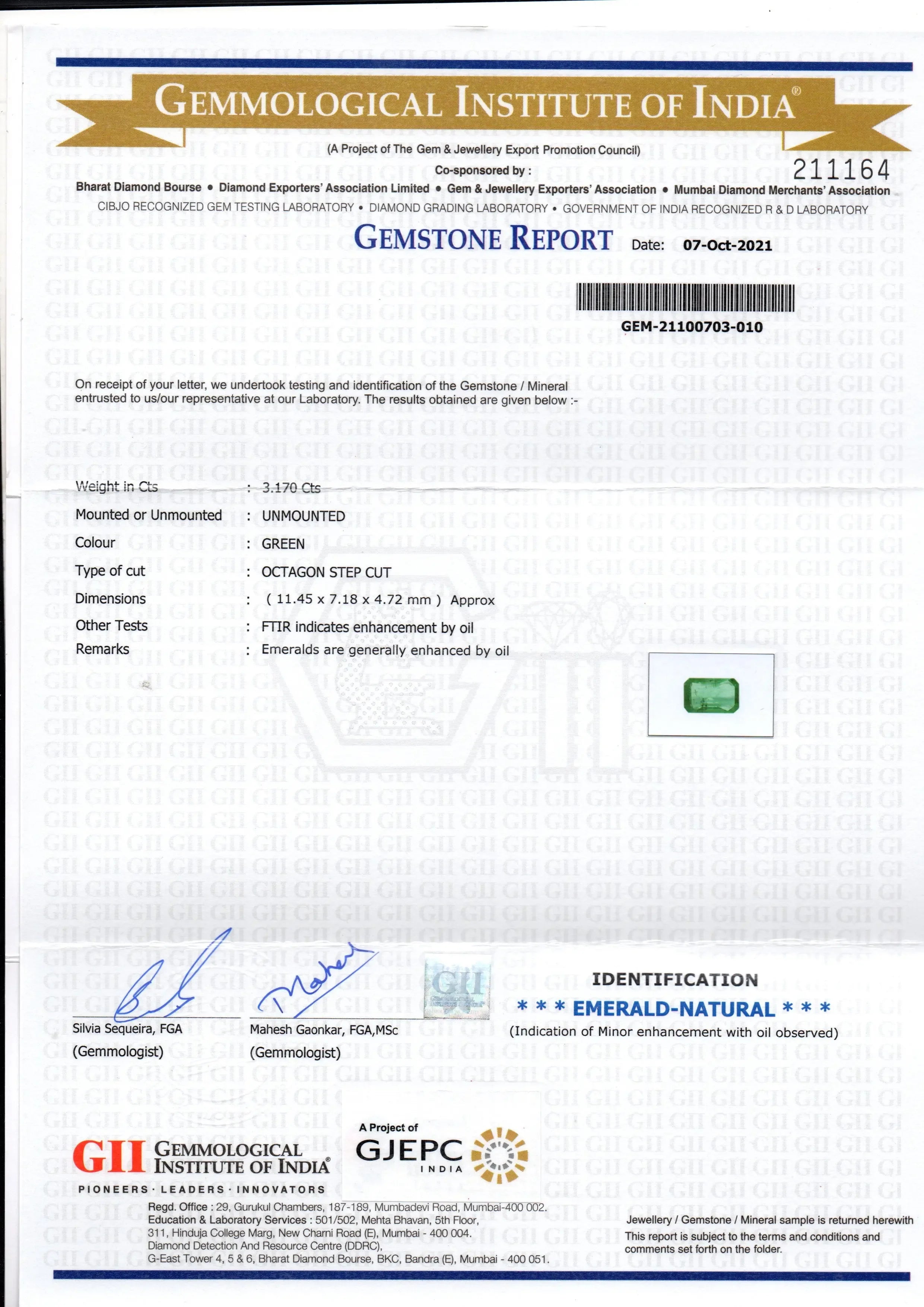 3.17 Ct GII Certified Untreated Natural Zambian Emerald Gemstones - Venus Gems