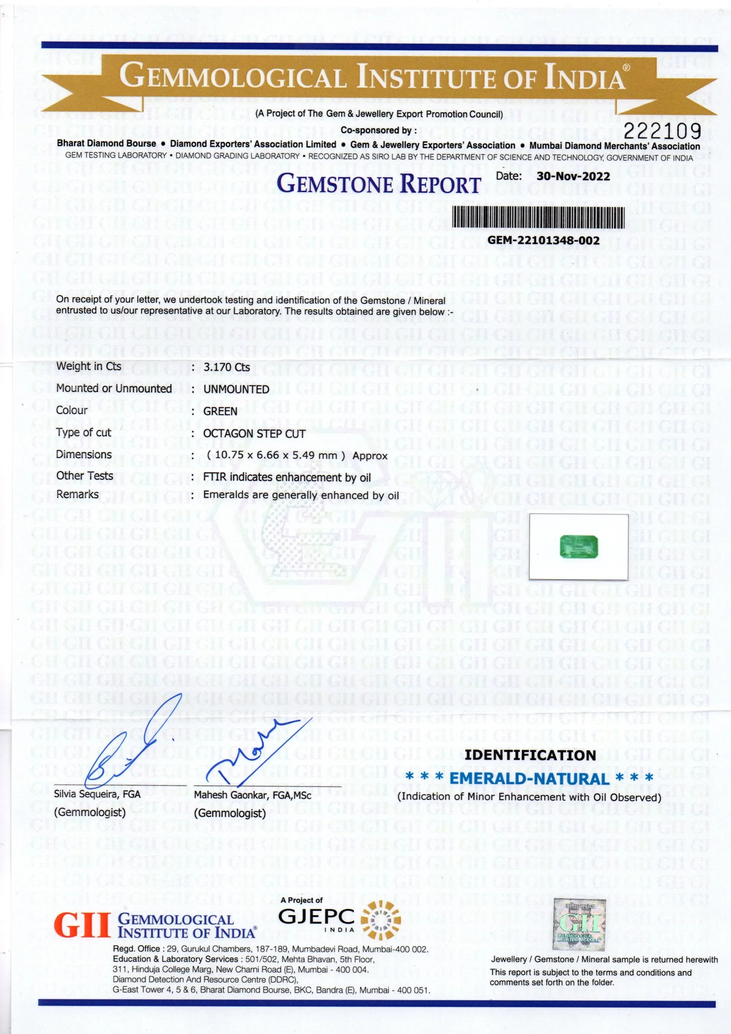 3.17 Ct GII Certified Untreated Natural Zambian Emerald Gemstone AAA - Venus Gems