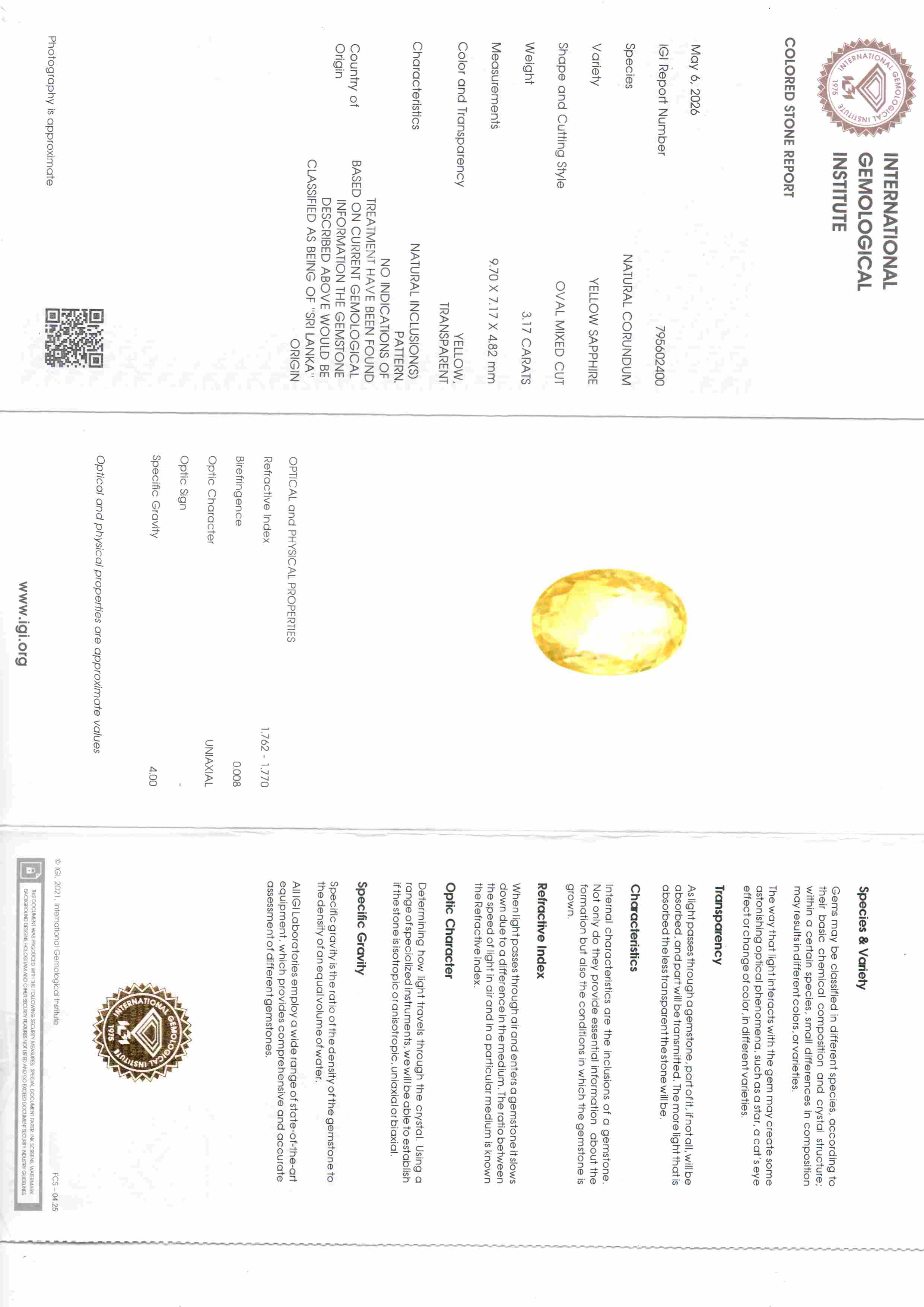 3.17 Carat 3.49 Ratti IGI Certified Yellow Sapphire Pukhraj Unheated Stone