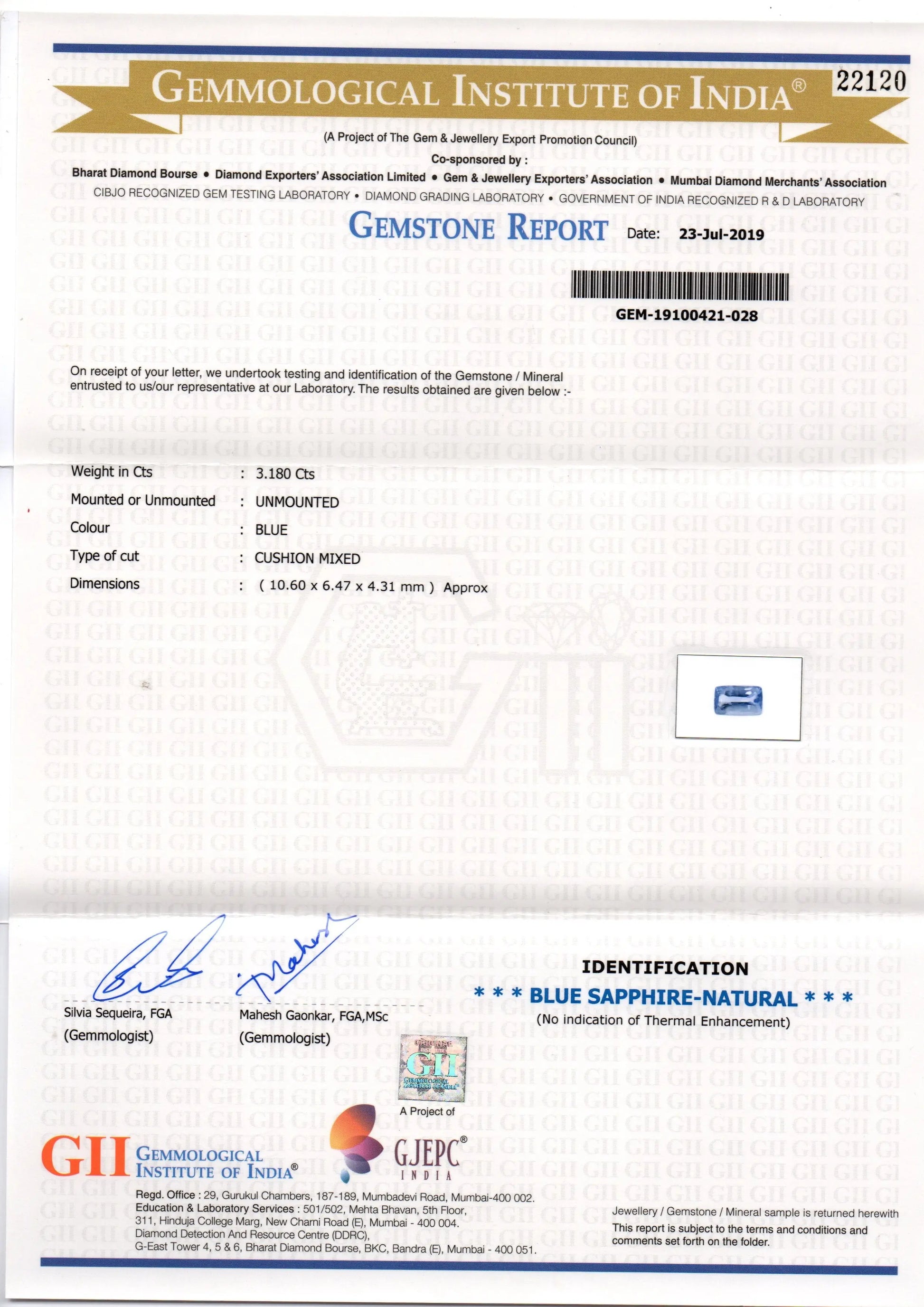 3.18 Ct GII Certified Unheaated Untreated Natural Ceylon Blue Sapphire