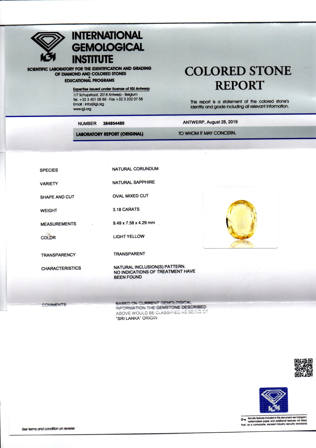 3.18 Ct IGI Certified Unheated Untreated Natural Ceylon Yellow Sapphire