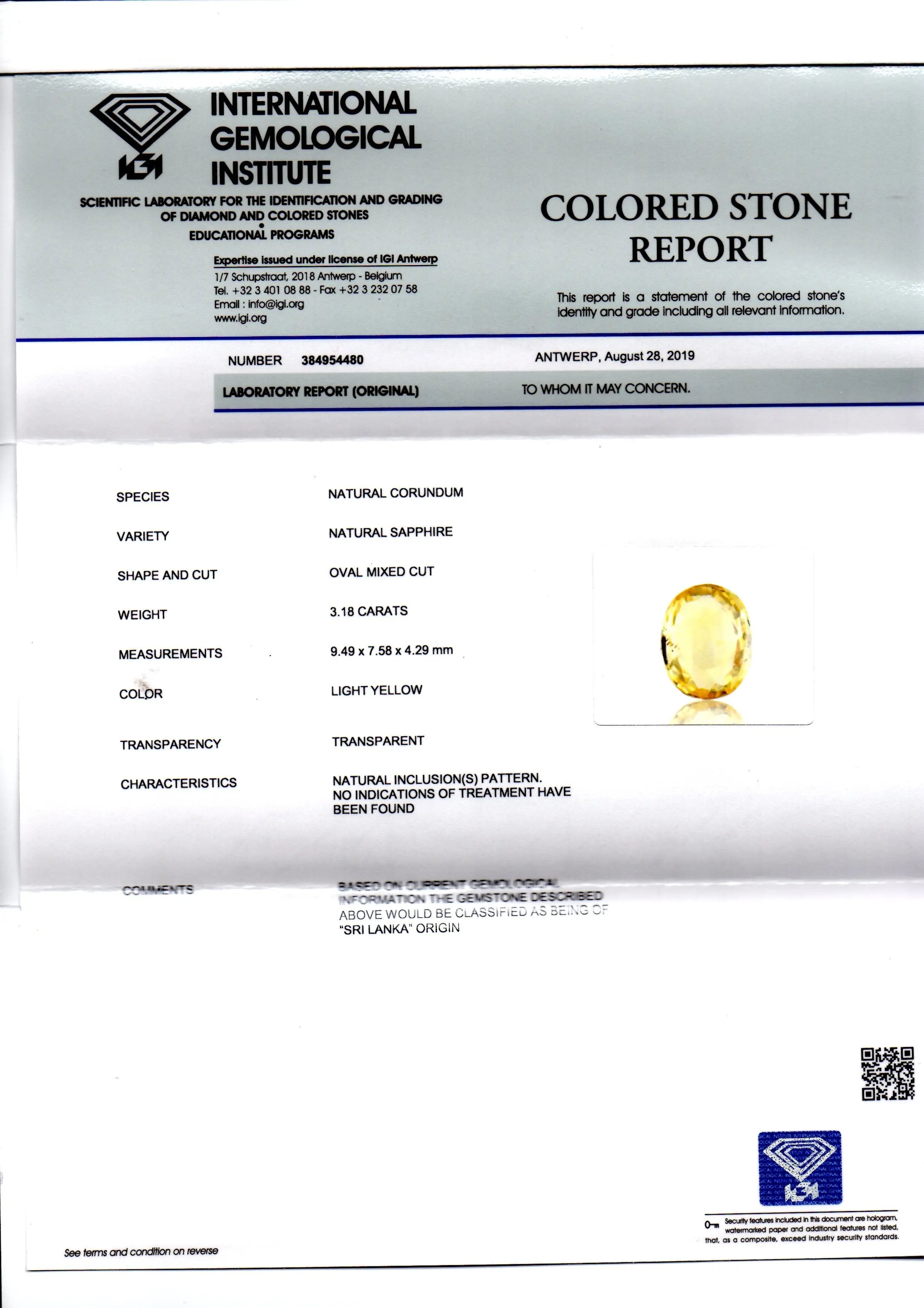 3.18 Ct IGI Certified Unheated Untreated Natural Ceylon Yellow Sapphire