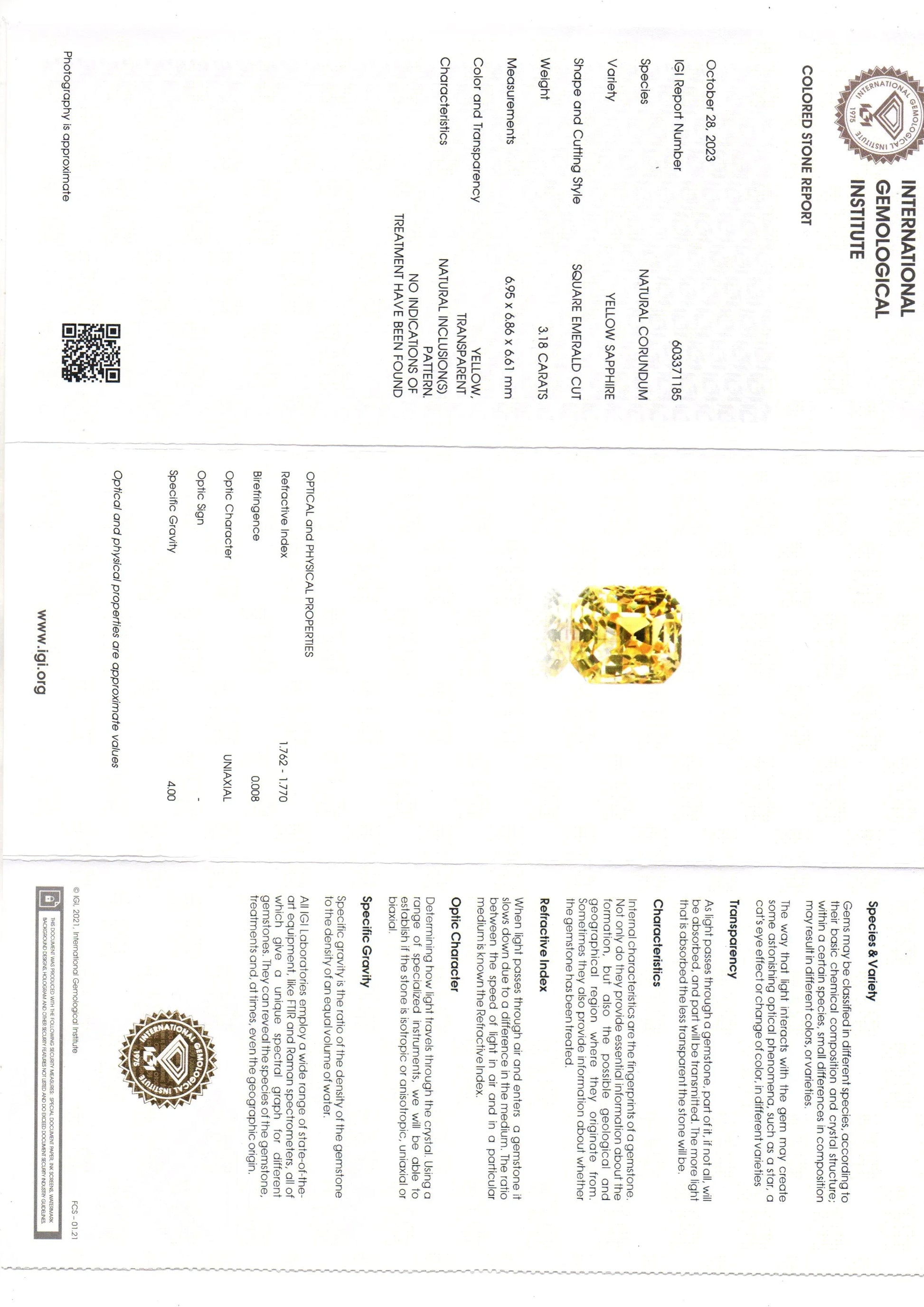 3.18 Ct IGI Certified Unheated Untreated Natural Ceylon Yellow Sapphire AAAAA - Venus Gems