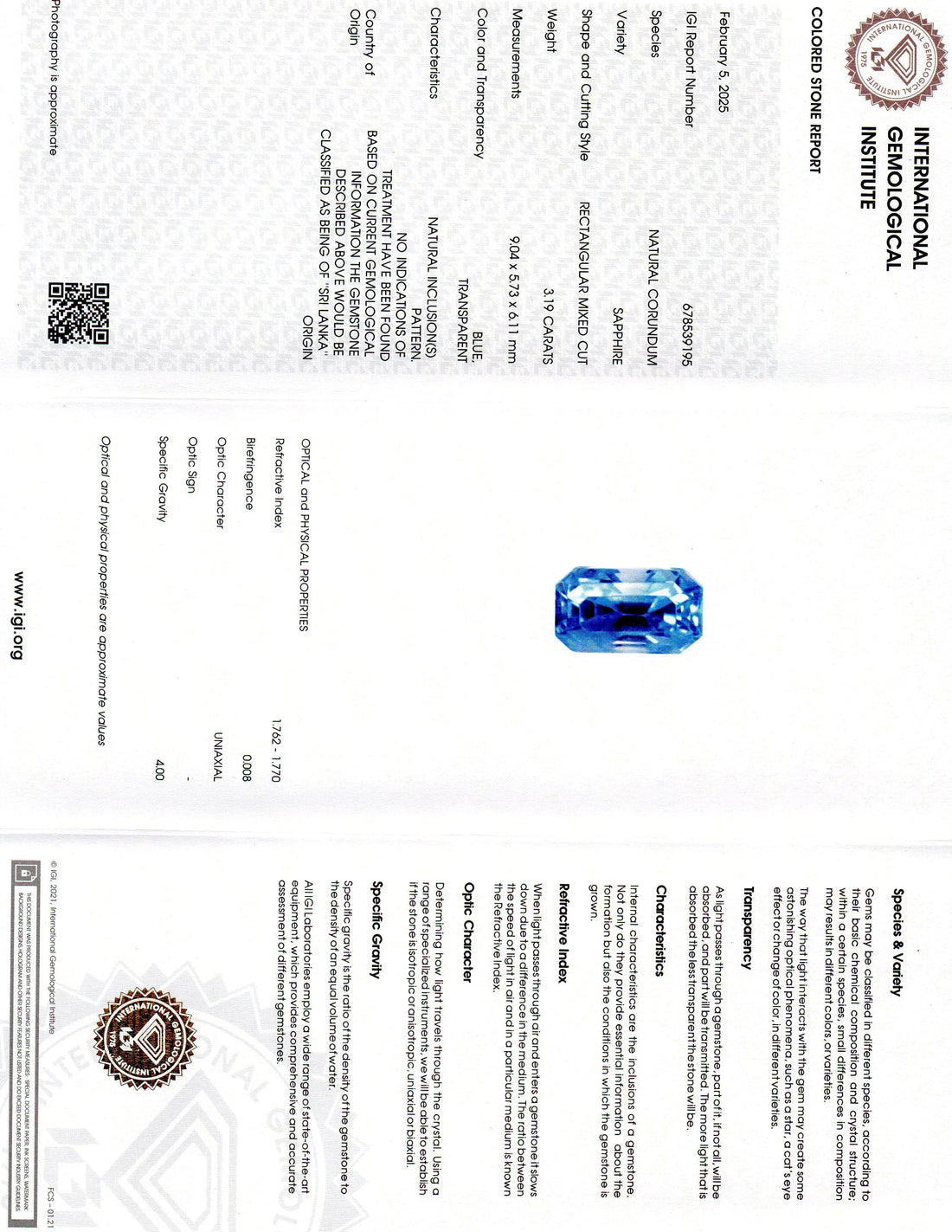 3.19 Ct IGI Certified Unheated Untreated Natural Ceylon Blue Sapphire AAA - Venus Gems