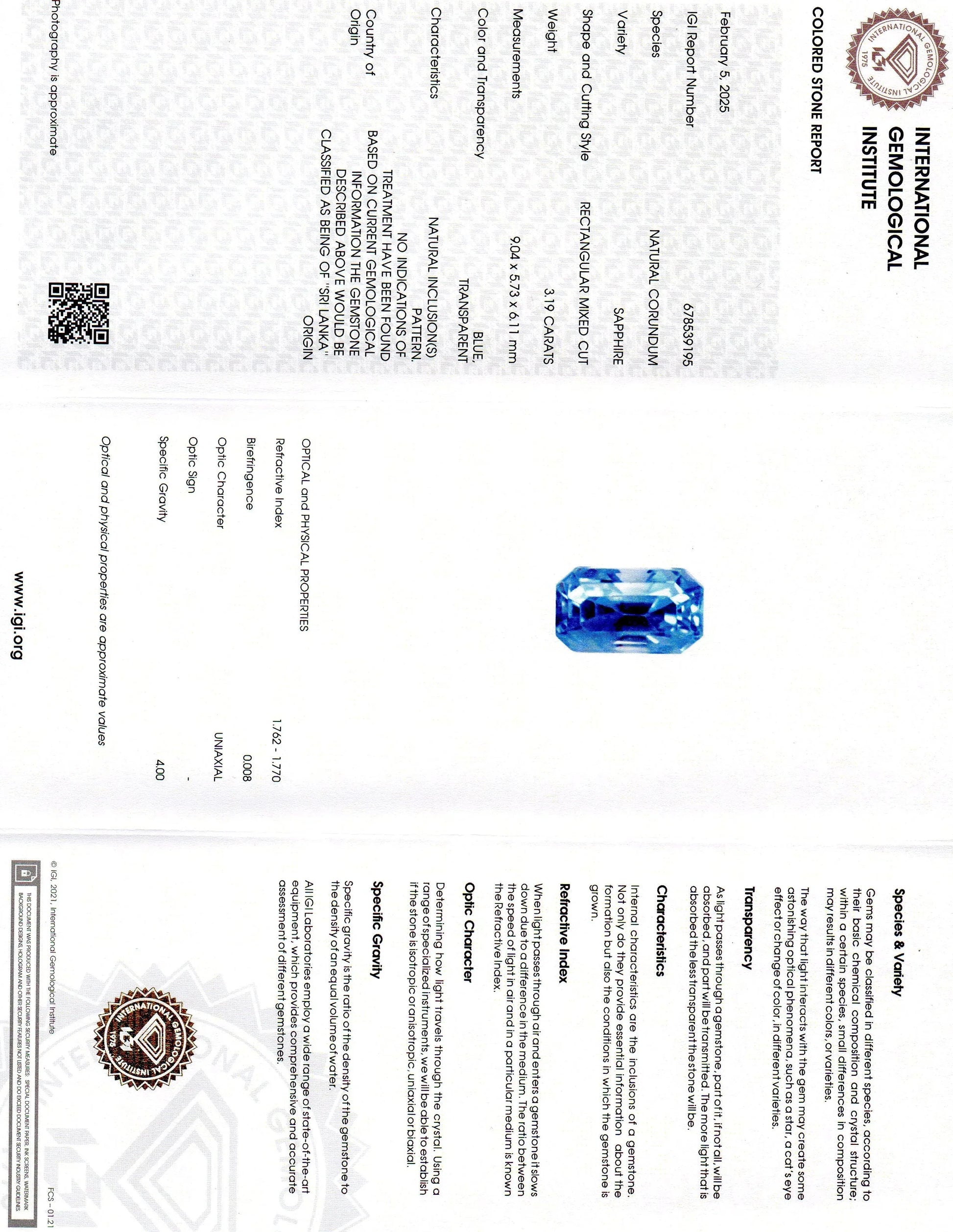 3.19 Ct IGI Certified Unheated Untreated Natural Ceylon Blue Sapphire AAA - Venus Gems