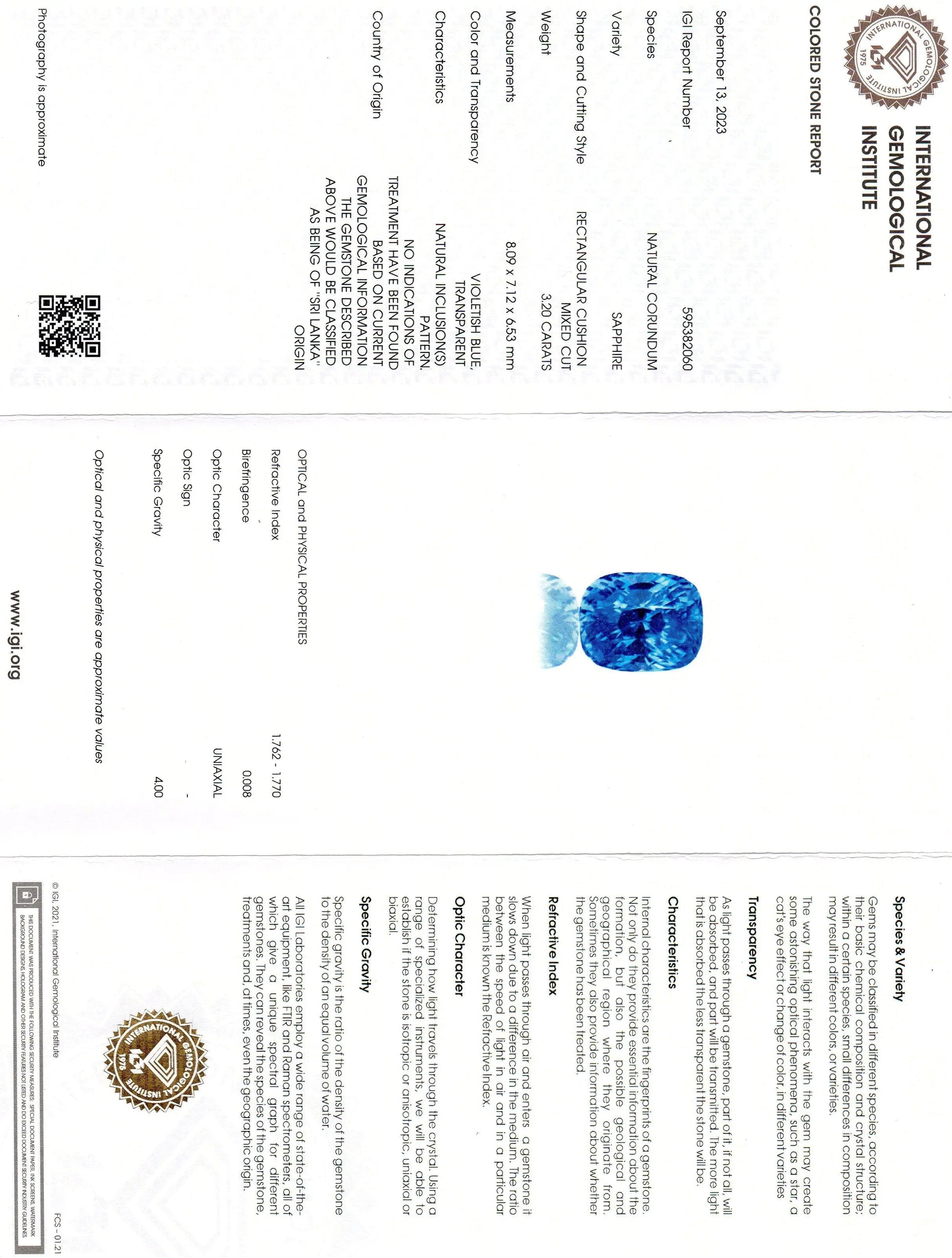 3.20 Ct IGI Certified Unheated Untreated Natural Ceylon Blue Sapphire AAA
