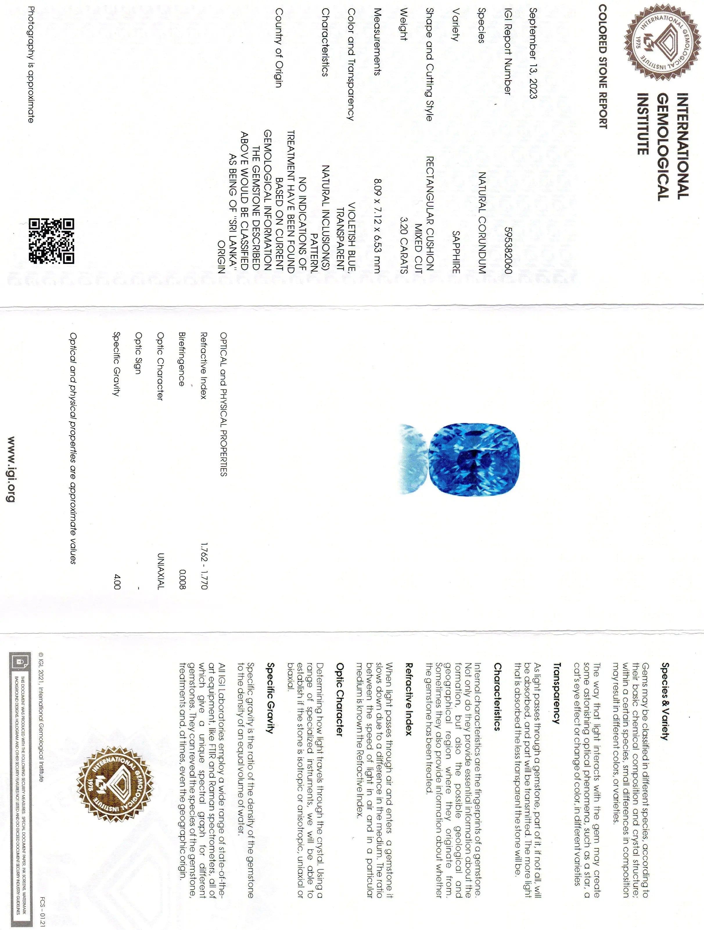 3.20 Ct IGI Certified Unheated Untreated Natural Ceylon Blue Sapphire AAA