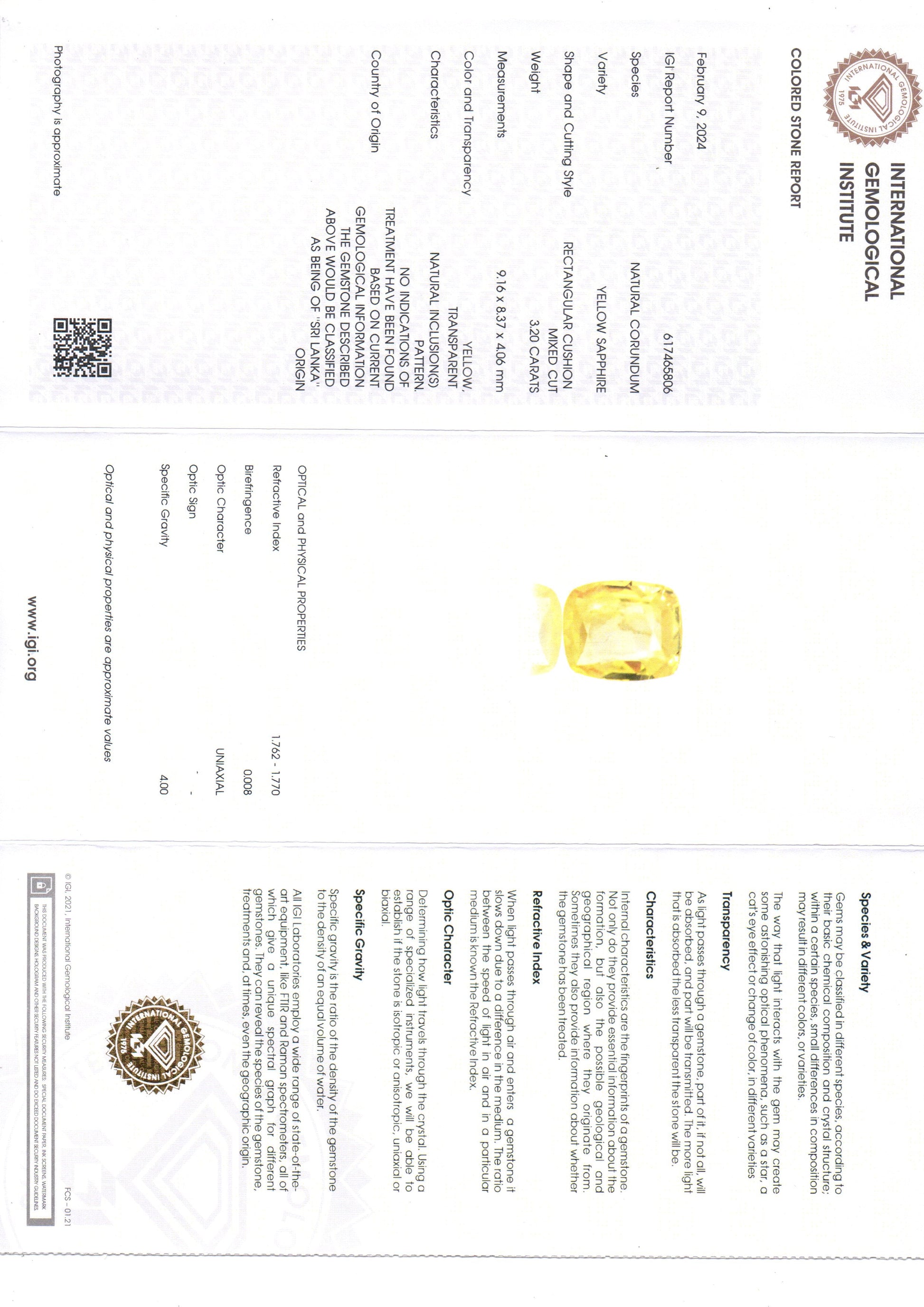 3.20 Ct IGI Certified Unheated Untreated Natural Ceylon Yellow Sapphire AA