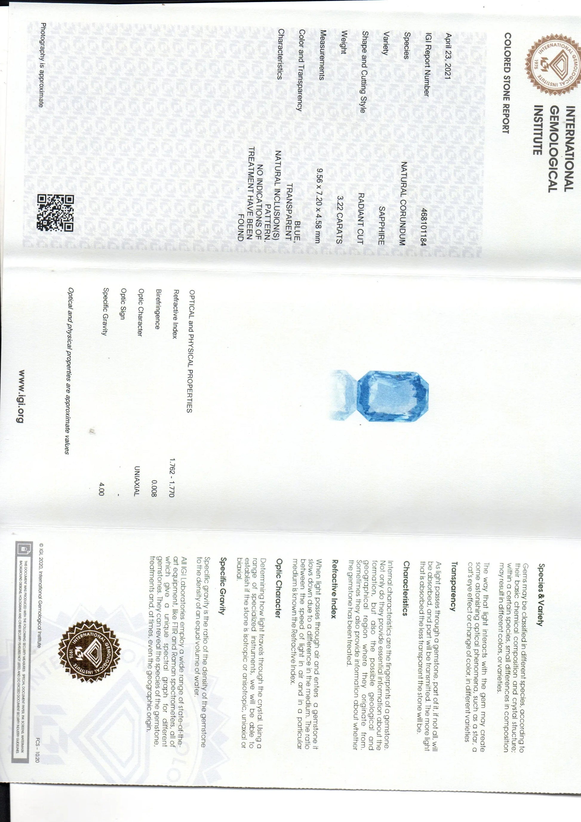 3.22 Ct IGI Certified Unheated Untreated Natural Ceylon Blue Sapphire AAA
