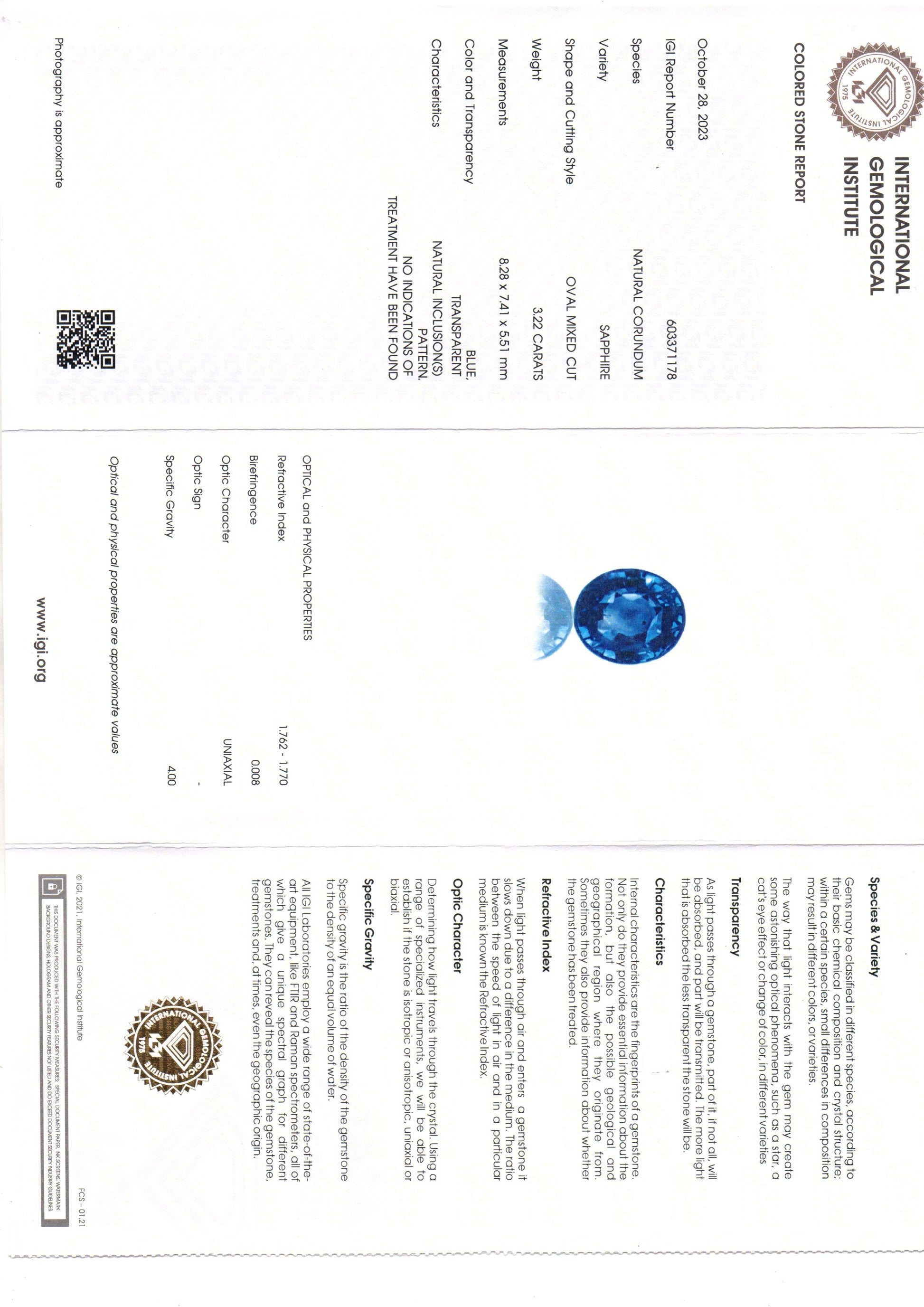 3.22 Ct IGI Certified Unheated Untreated Natural Ceylon Blue Sapphire AAA