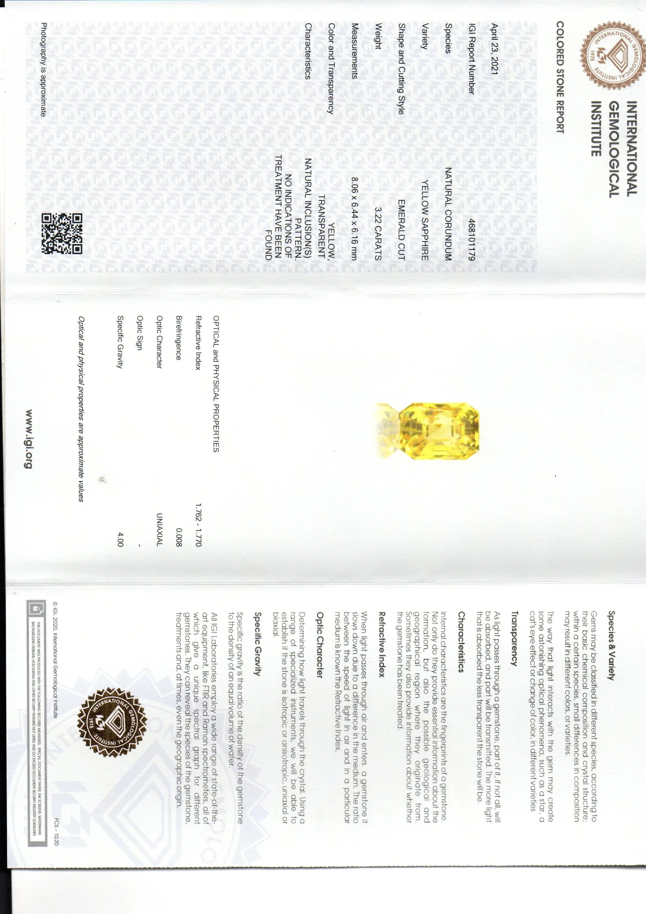3.22 Ct IGI Certified Unheated Untreated Natural Ceylon Yellow Sapphire AAAAA