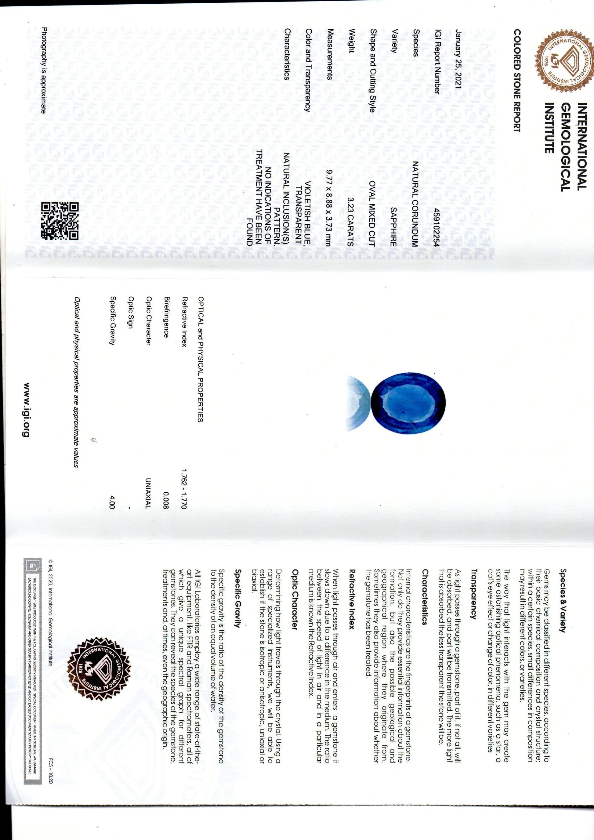 3.23 Ct IGI Certified Unheated Untreated Natural Ceylon Blue Sapphire AA