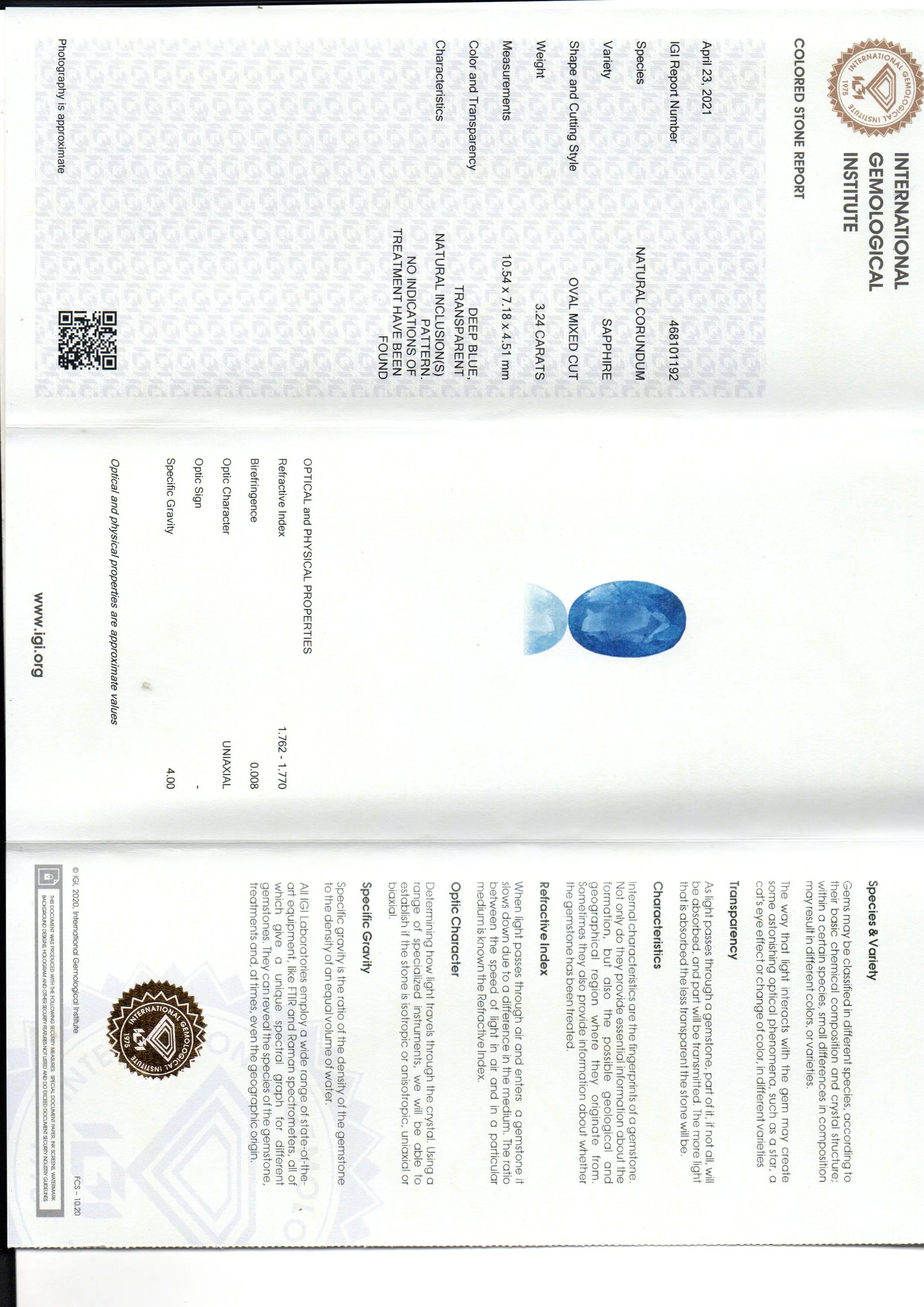 3.24 Ct IGI Certified Unheated Untreated Natural Ceylon Blue Sapphire AAA