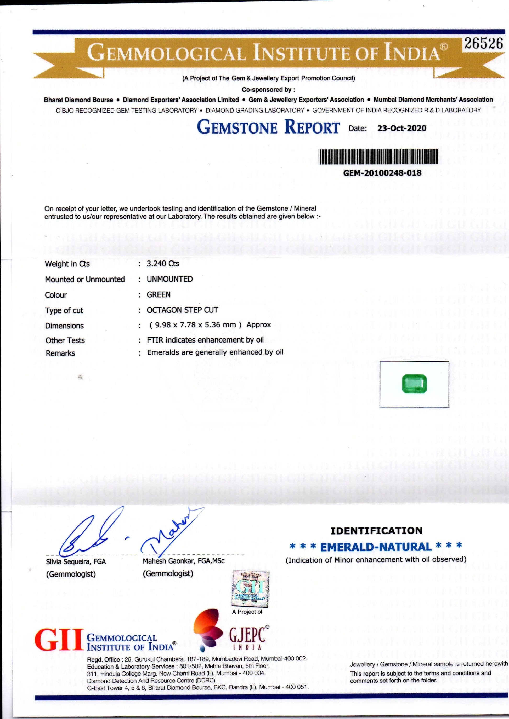 3.24 Ct GII Certified Untreated Natural Zambian Emerald Gemstone