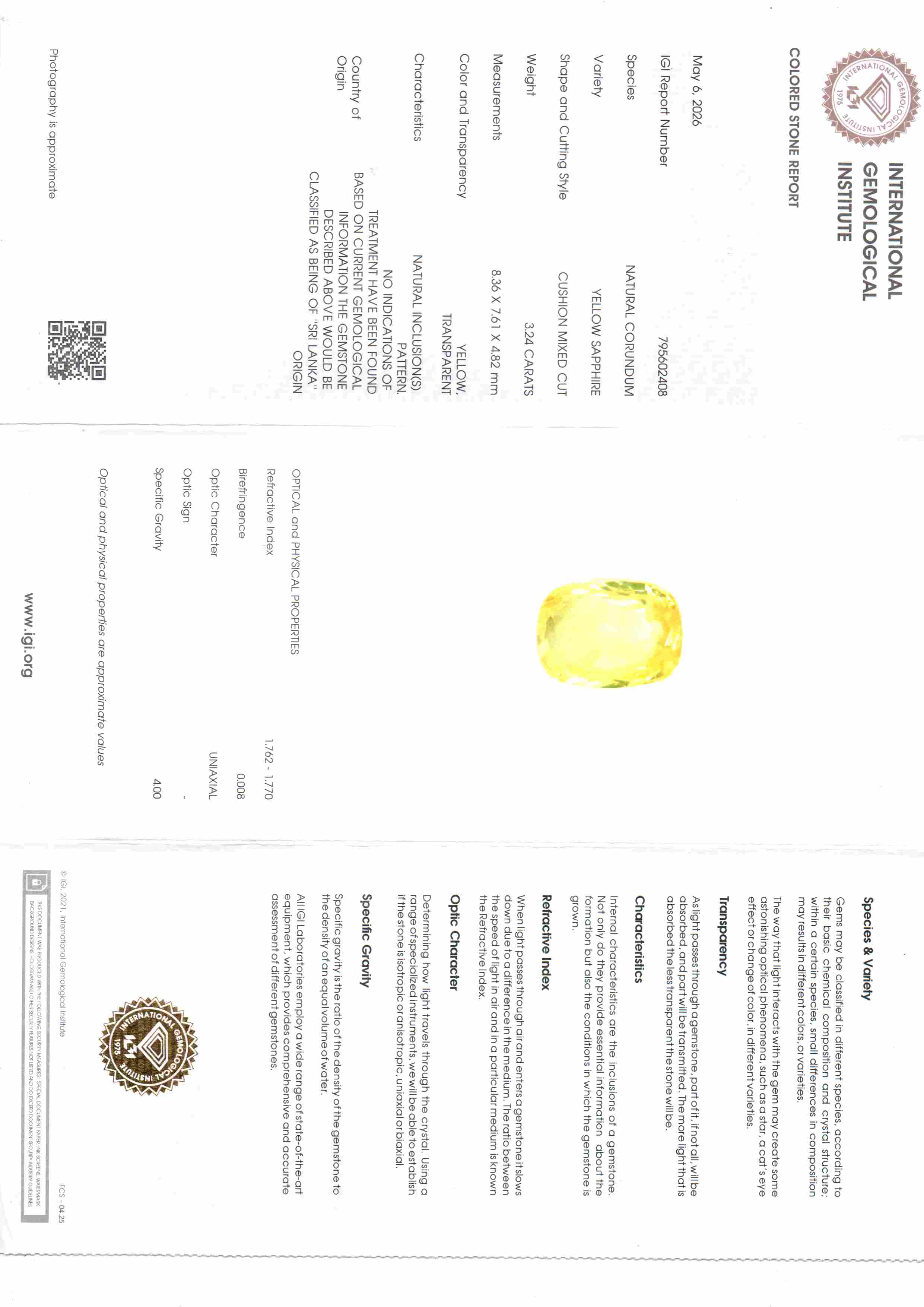 3.24 Carat 3.56 Ratti IGI Certified Yellow Sapphire Pukhraj Unheated Stone