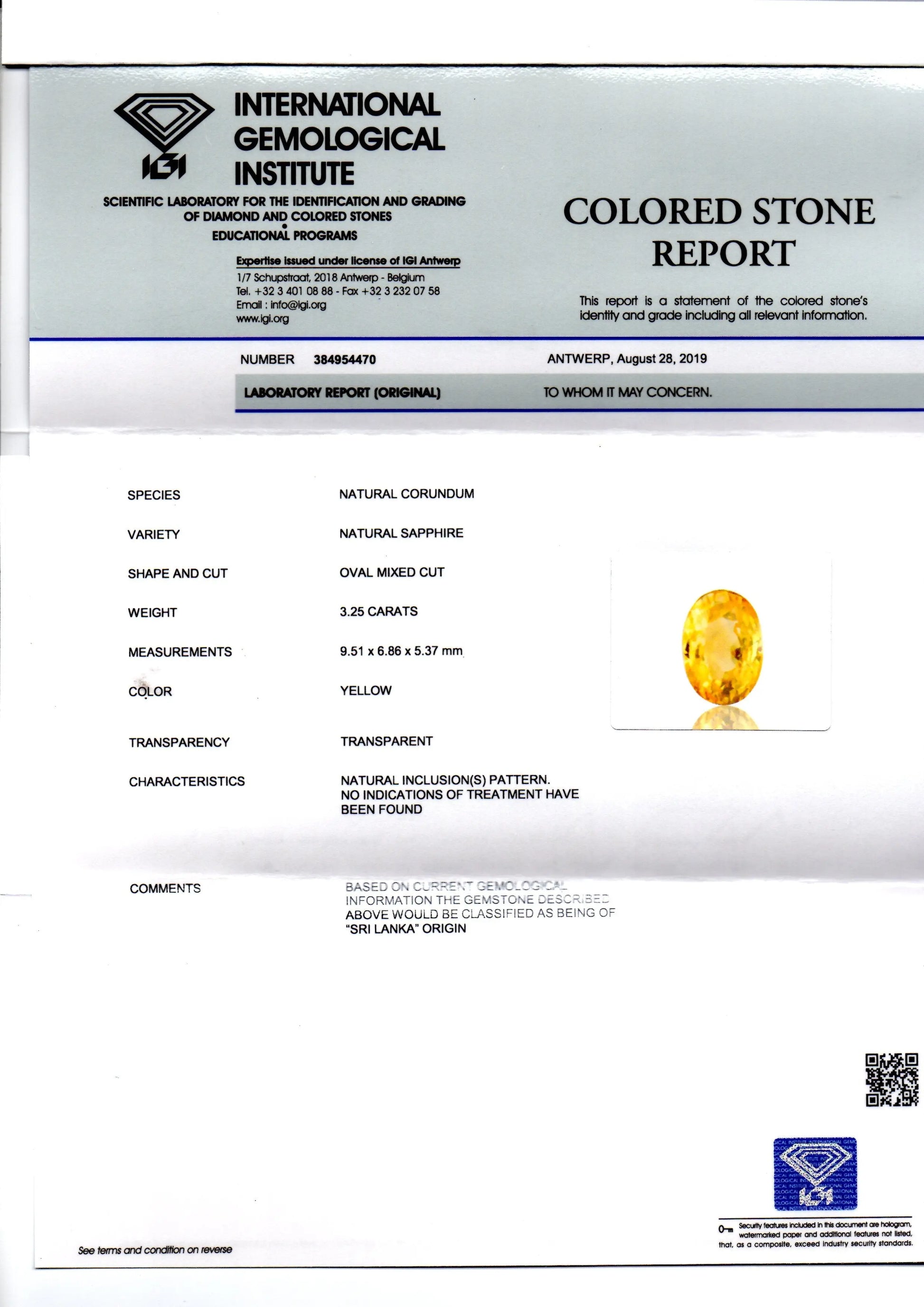 3.25 Ct IGI Certified Unheated Untreated Natural Ceylon Yellow Sapphire